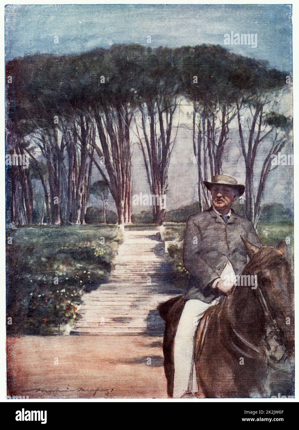 Cecil John Rhodes (1852-1902) Deutsch-südafrikanische Staatsmann. Rhodes reiten auf dem Gelände des Groote Schuur. Von einem Gemälde. Stockfoto