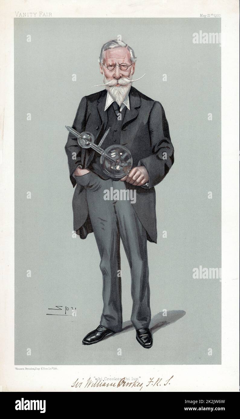 William Crookes (1832-1919) hält Entladungsröhre, die seinen Namen trug. Britischer Physiker und Chemiker. Karikatur von „Spy“ (Leslie ward) von „Vanity Fair“, London, Mai 1903 Stockfoto