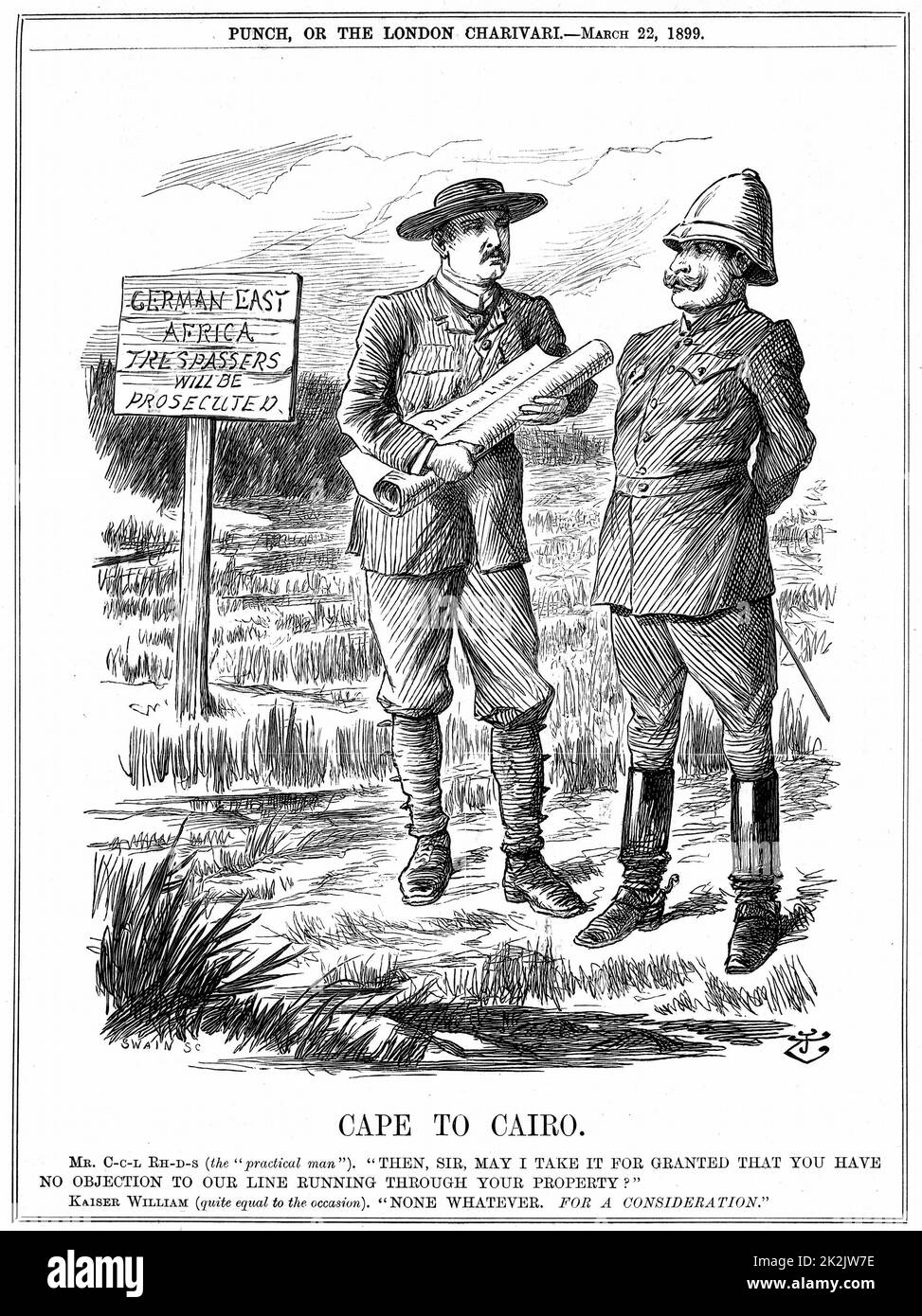 Cecil John Rhodes (1852-1902) Deutsch-südafrikanische Staatsmann, fragt der deutsche Kaiser für die Erlaubnis einer Telegrafenlinie durch Deutsche Ostafrika zu laufen. Kap nach Kairo, Karikatur von John Tenniel aus 'Lochen', London, 22. März 1899. Gravur Stockfoto