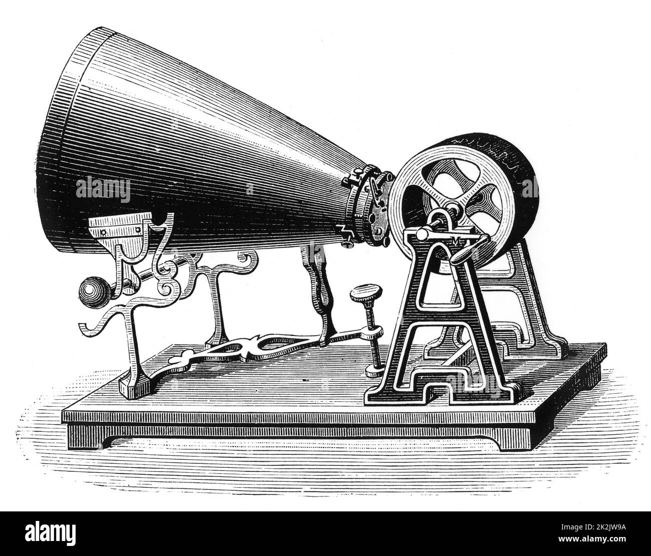 Phonautograph (c. 1857) Vorrichtung zum graphischen Studium von Schallschwingungen, erfunden von (Edouard) Leon Scott de Martinville. Schwingungen, die im Kegel entstehen und auf dem Zylinder mit Lampenschwärze zurückverfolgt werden. Gravur, c. 1880 Stockfoto