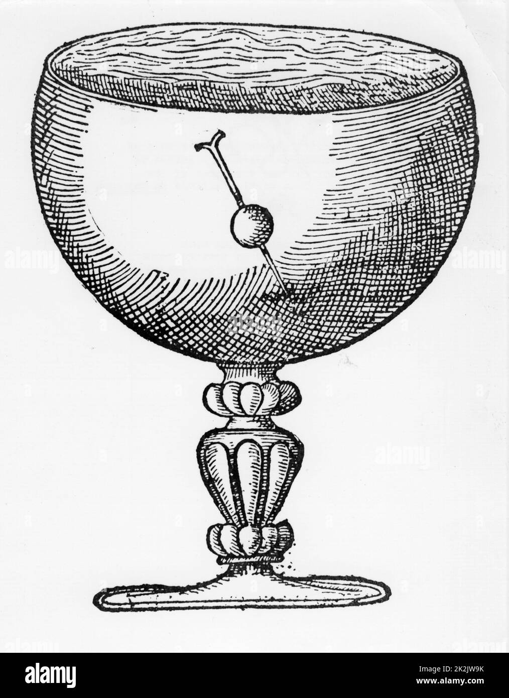 Eine magnetisierte Nadel durch eine Kugel aus Kork geschoben und Floating in einem Becher Wasser getaucht, zeigt, Tauchen und die Richtung der magnetischen Pole. Von William Gilbert 'De Magnete', London 1600 Stockfoto