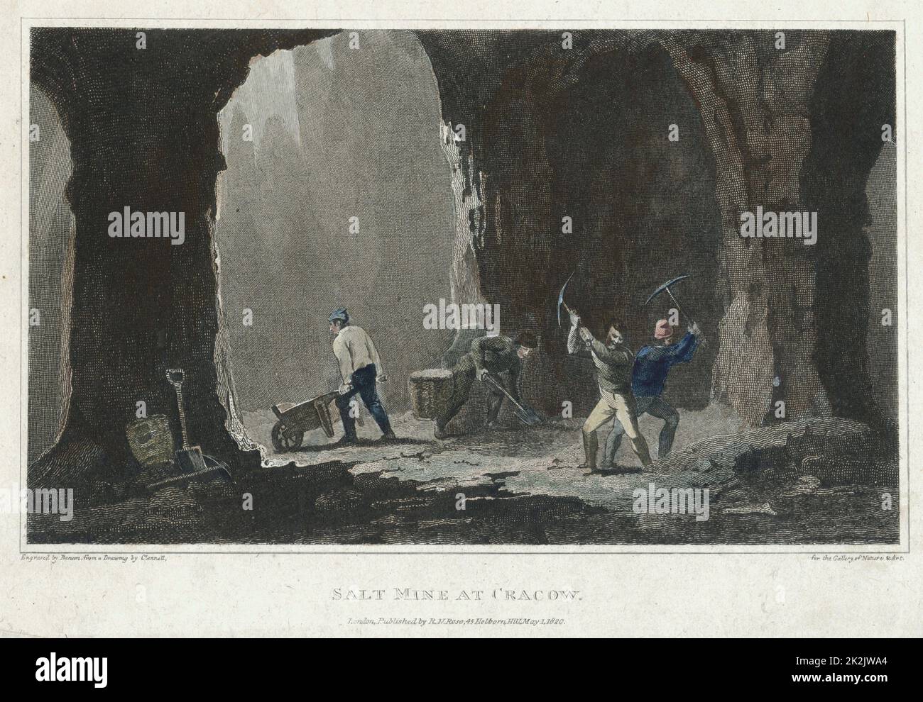 Steinsalz: Bergleute arbeiten in der Salzmine bei Krakau, Polen. Handkolorierter Stich, London, 1820 Stockfoto