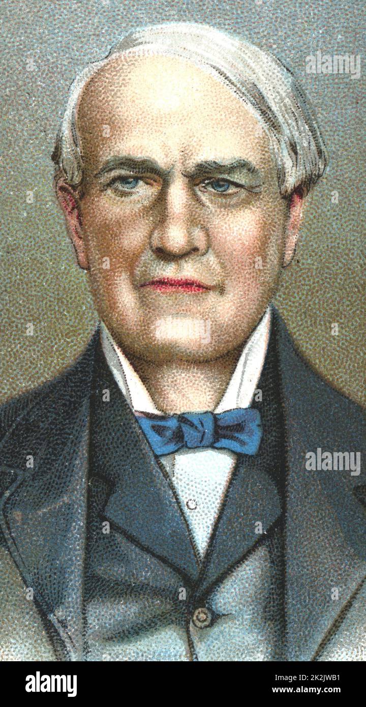 Thomas Alva Edison (1847-1931), amerikanischer Physiker und Erfinder. Plattenspieler: Ticker-band Maschine: Carbon Granulat Mikrofon: Kinetoscope: Glühlampe. Karte veröffentlicht 1924. Chromolithograph Stockfoto