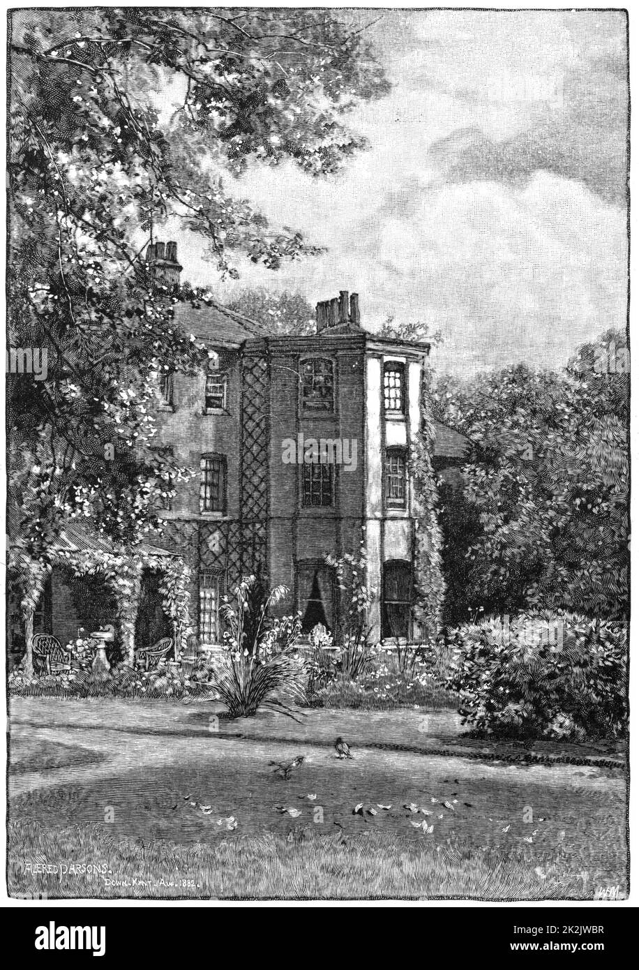 Haus, in der Nähe der Beckenham, Kent, aus dem Garten. Home von Charles Darwin (1809-1882), englischer Naturforscher. Evolution durch natürliche Selektion. Gravur 1882. Stockfoto
