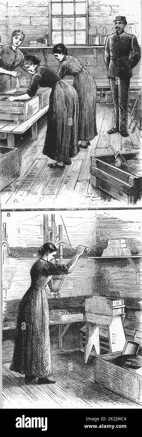 Nobel Explosives Company Limited, Ardeer, Ayrshire. Oben: Mischhaus, mit Frauen, die Dynamite reiben. Unten: Frau, die Patronen mit Dynamite mit einer Füllmaschine füllt. Aus „The Illustrated London News“, 16. April 1884 Stockfoto