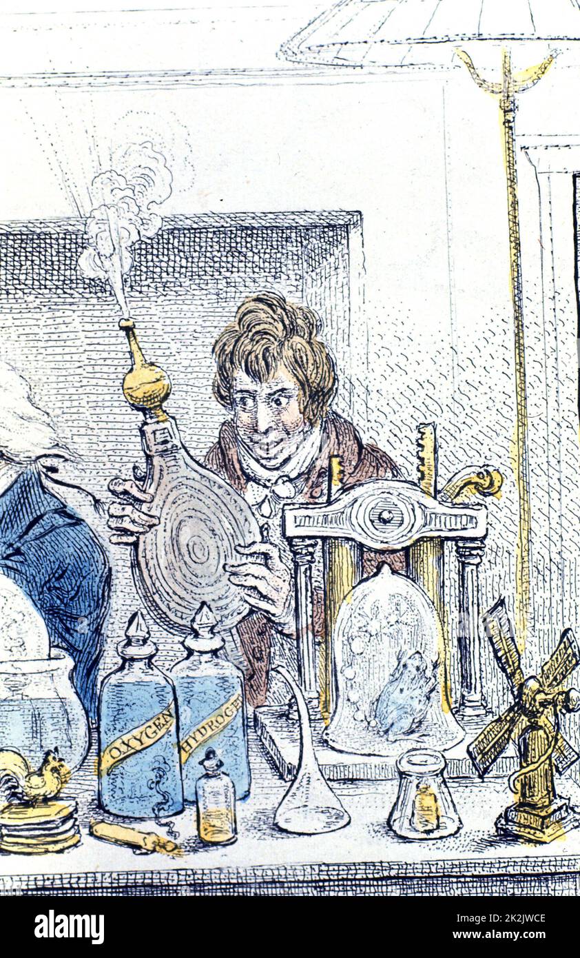 Humphry Davy (1778-1829) englischer Chemiker. Von Gilray Cartoon "Neue Entdeckungen in der Pneumatik", einem Treffen der Royal Institution, London Detail. Stockfoto