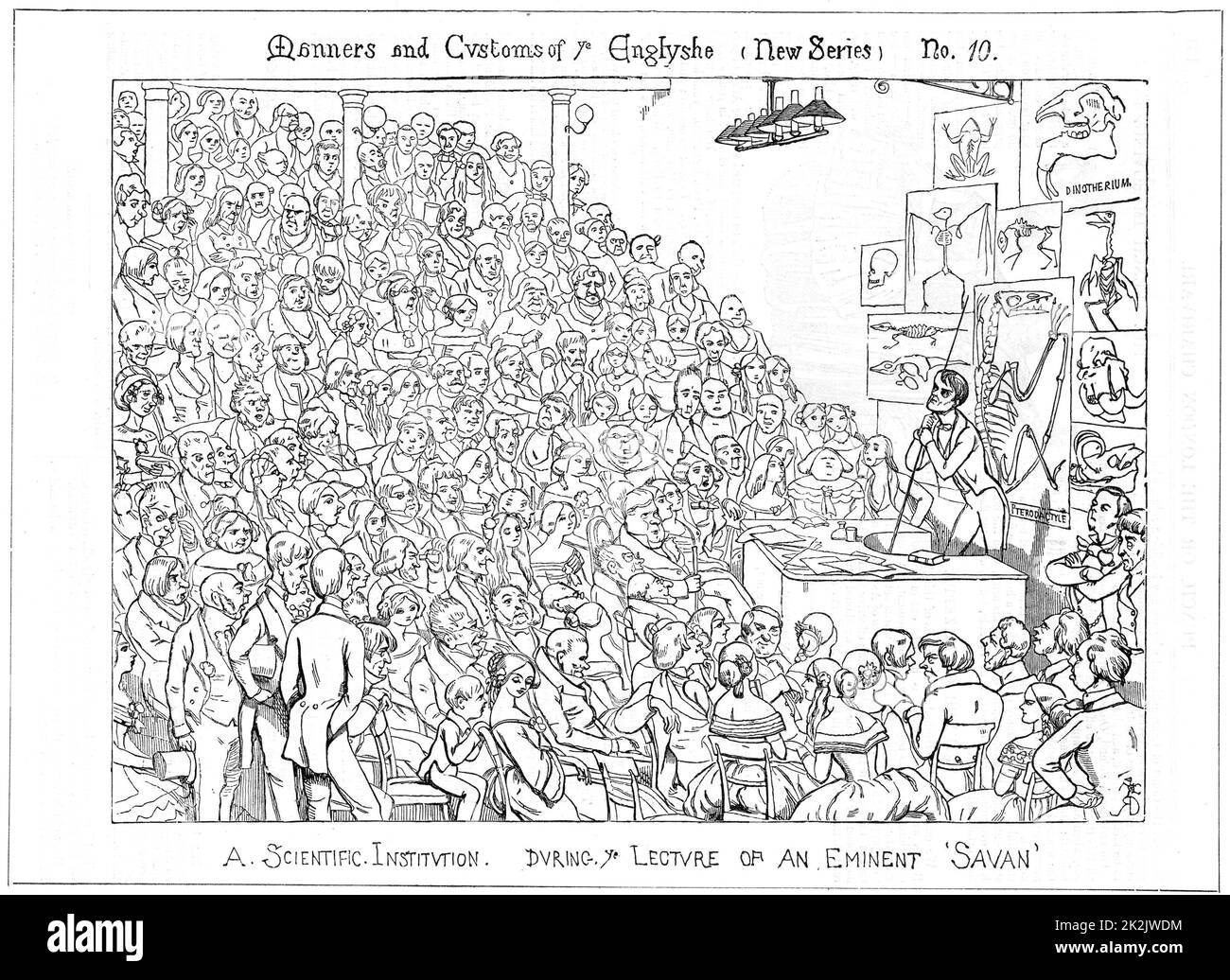 Richard Owen (1804-1892), britischer Naturforscher und Anatom, gibt einen Freitagabend-Diskurs über Fossilien in der Royal Institution, London. Karikatur von Richard Doyle aus 'Punch', London 1849. Holzstich Stockfoto