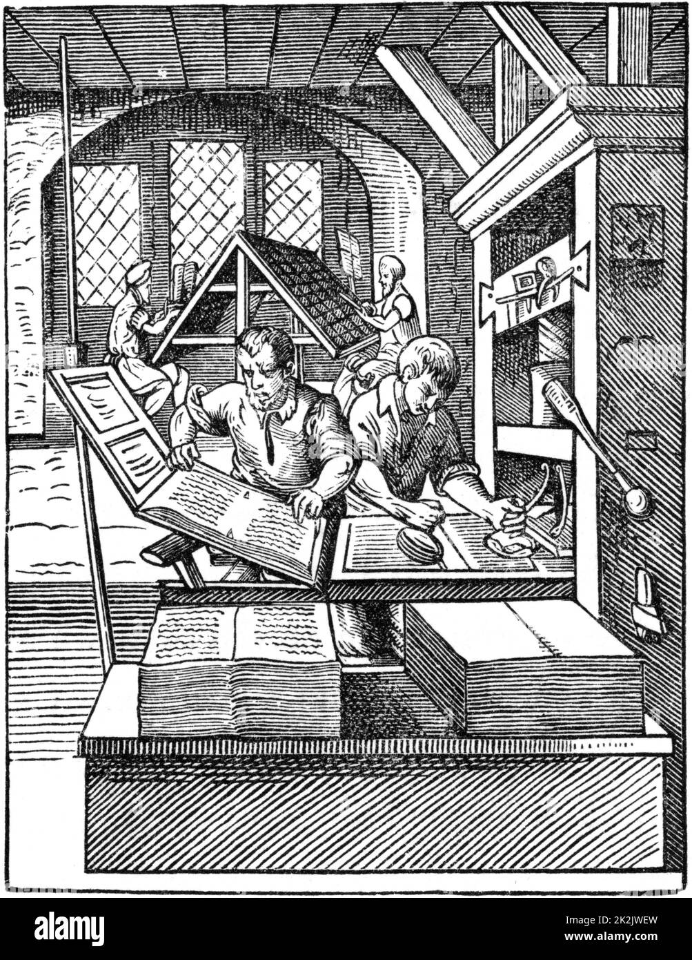 Der Drucker-Workshop. Holzschnitt von Jost Amman von Hartmann Schopper "Panoplia", Frankfurt am Main, 1568 Stockfoto