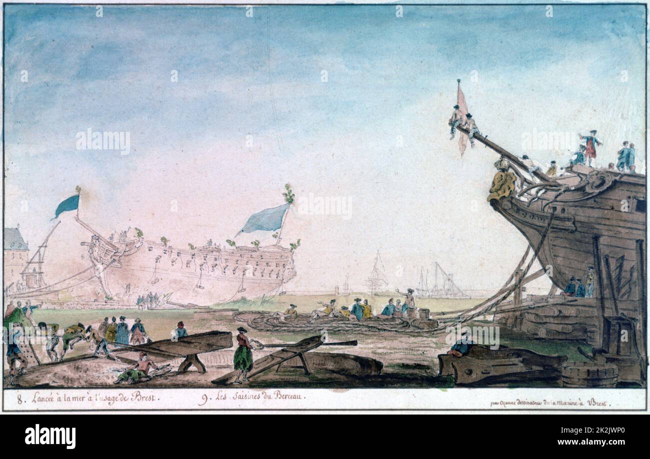 Nicolas-Marie Ozanne Französische Schule startet ein Schiff in Brest 18. Century Watercolor Privatsammlung Stockfoto