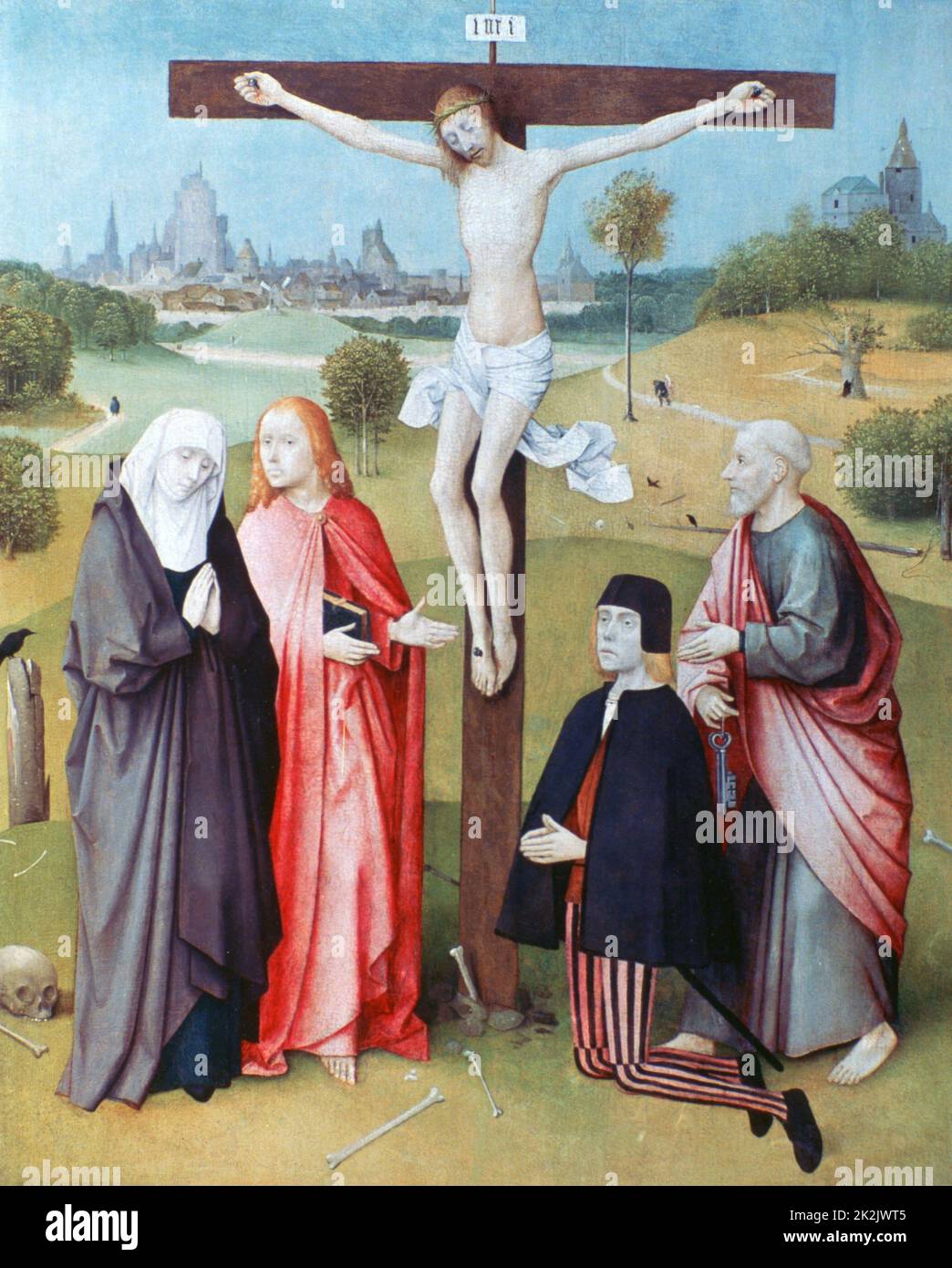 Hieronymus Bosch Holländische Schule Christ am Kreuz mit Stifterinnen und Heiligen 15. Jahrhundert Öl auf Holzplatte Stockfoto