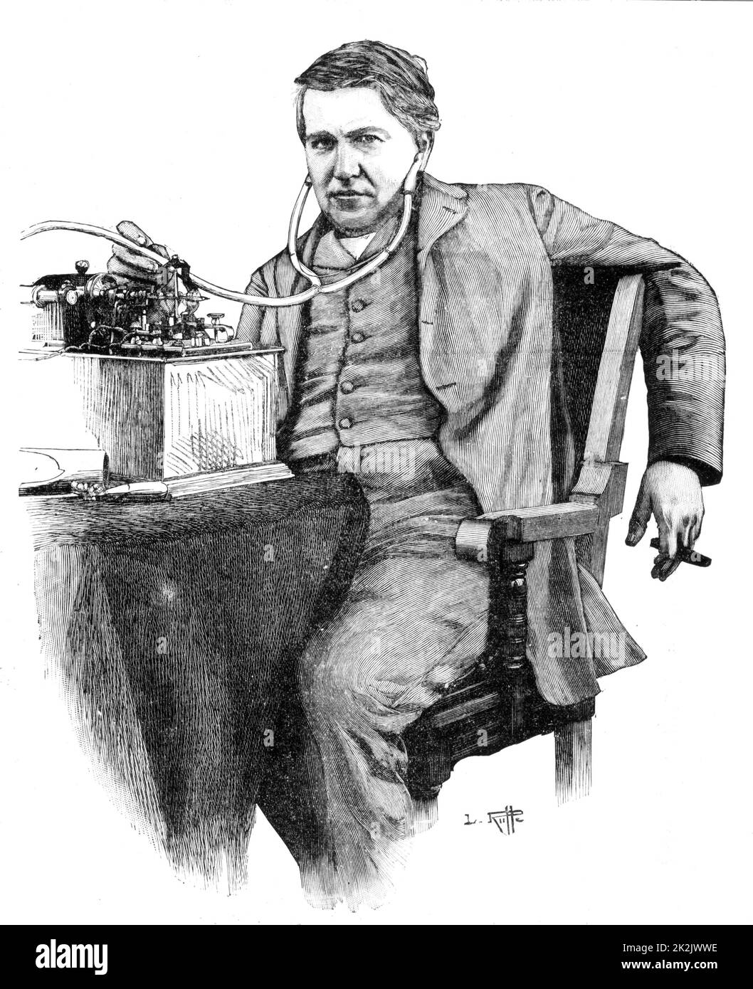 Thomas Alva Edison (1847-1931) amerikanischer Erfinder, der Wiedergabe einer Aufnahme auf ein elektrisches Modell seines Phonographen durch eine nasse Batterie versorgt. Gravur Stockfoto
