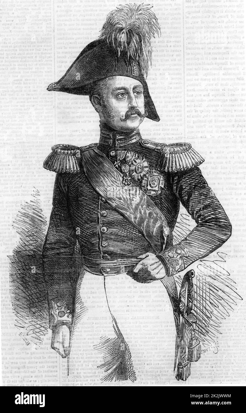 Nikolaus 1 (1796-1855) Kaiser (Zar) von Russland von 1825. Nikolaus in Militäruniform. Sein Ehrgeiz bestand darin, die Türkei in das russische Imperium aufzunehmen, ein Ehrgeiz, dem sich Großbritannien und Frankreich widersetzten und der zum Krim-Krieg (russisch-türkisch) von 1853 bis 1856 führte. Aus „The Illustrated London News“ (London, 1855). Gravur. Stockfoto