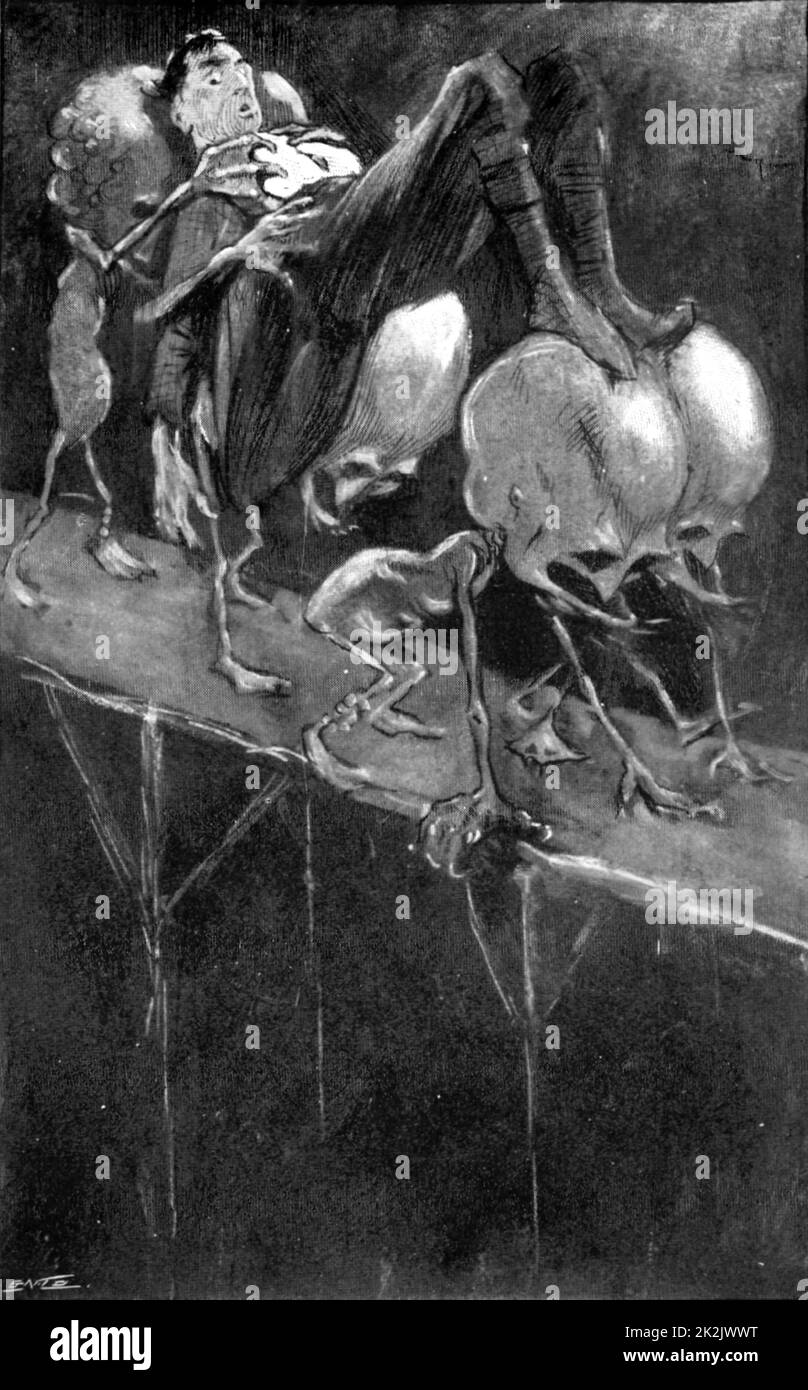 Sie trugen ihn in die Dunkelheit'. Die Bewohner des Mondes tragen einen sehr nervösen Cavour in die Dunkelheit. Aus „The First Men in the Moon“ von HG Wells. Erstveröffentlichung London, 1913. Halbton. Stockfoto