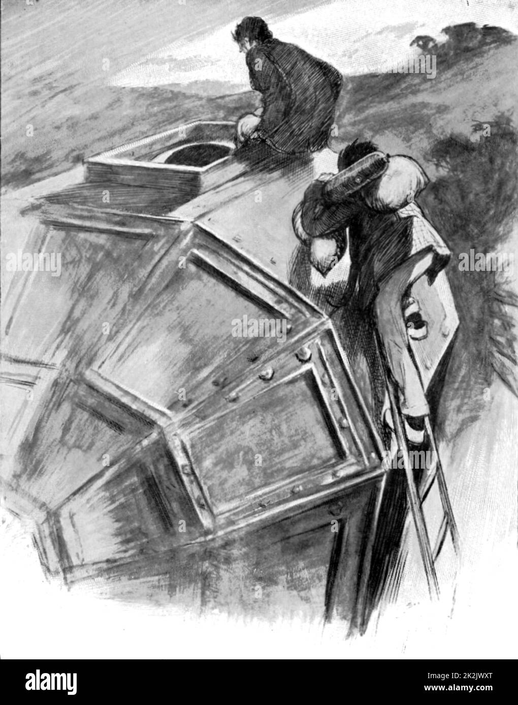 Bedford, von Cavour ermutigt, in Ihrem Raumschiff auf den Weg zum Mond. Abbildung von HG Wells' Die ersten Menschen auf dem Mond", zuerst veröffentlicht London, 1913. Halbton. Stockfoto