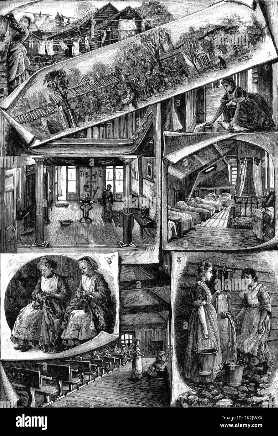 Das Heim der Prinzessin Louise für väterliche und verwaiste Mädchen, Wanstead, Essex, England, das 40 bis 50 Mädchen pro Jahr nahm. Die Mädchen haben die ganze Hausarbeit zu Hause gemacht und viele haben dann als Zimmermädchen und Köchinnen im „häuslichen Service“ gearbeitet. Sie erhielten auch eine Grundausbildung in Lesen, Schreiben und Rechnen. Von 'The Quiver' (London, 1882). Gravur. Stockfoto