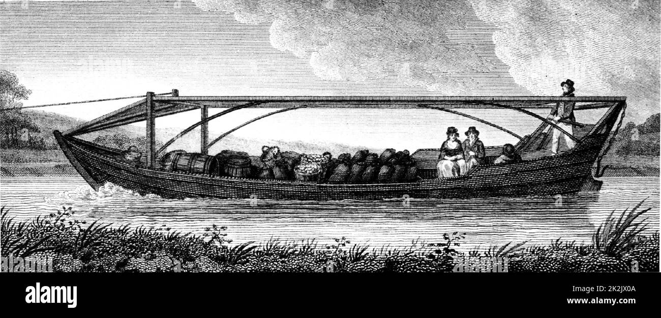 Kanalboot für Passagiere und Fracht. Eine Plane könnte über den Rahmen gelegt werden, um Passagiere und Fracht bei schlechtem Wetter zu schützen. Das Seil, das zum Pferd führt, das das Boot zieht, ist auf der linken Seite. Aus 'A Treatise on the Improvement of Canal Navigation' von Robert Fulton (London, 1796). Robert Fulton (1765-1815), amerikanischer Ingenieur. Gravur. Verkehr. Stockfoto