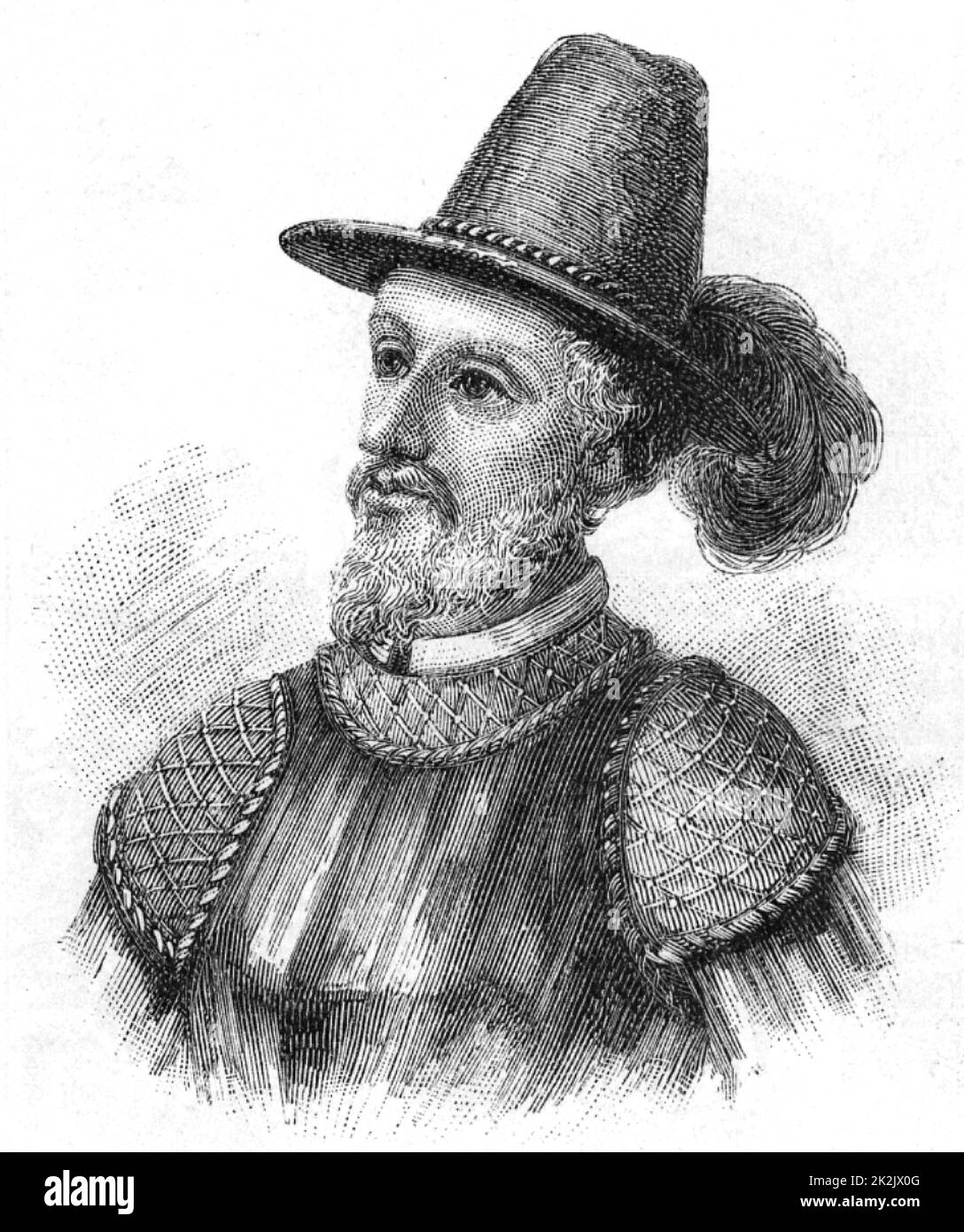 Juan Ponce de Leon (1460-1521) Spanischer Soldat und öffentlichen Diener, mit Kolumbus auf seiner zweiten Reise gesegelt. Von der spanischen Regierung fo kolonisieren Puerto Rico ernannt. Entdeckt Florida im April 1513. Ende des 19. Jahrhunderts Gravur. Stockfoto