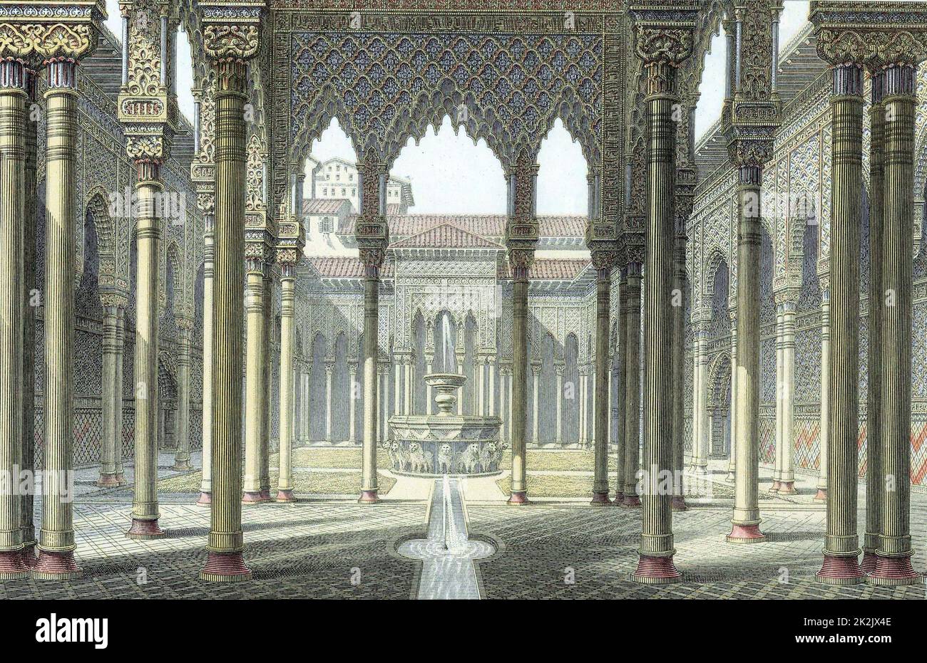 Alhambra-Palast der maurischen Könige von Granada wurde teilweise von Kaiser Karl V. c1530 umgebaut. Gericht der Löwen. Ende des 19.. Jahrhunderts mit Farbdruck Stockfoto