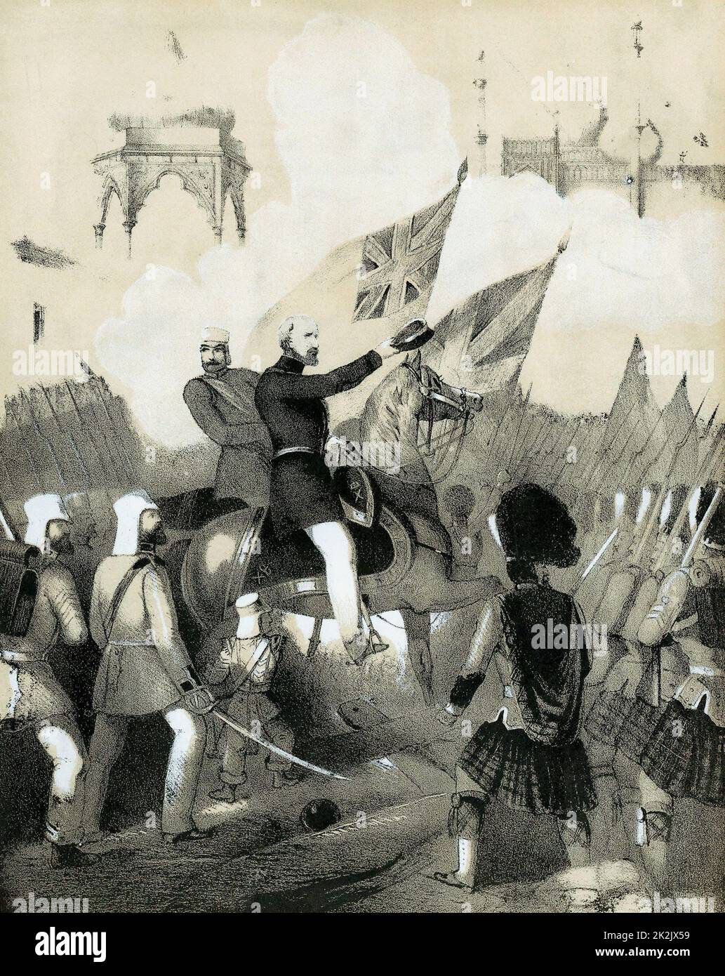 Indian (Sepoy) Mutiny 1857-1859: Robert Cornelis Napier (1810-90) britischer Militärkommandant, der triumpfende Einreise nach Delhi machte. Titelbild von Noten von 'The Battle March of Delhi'. Getönte Lithographie c1860 Stockfoto