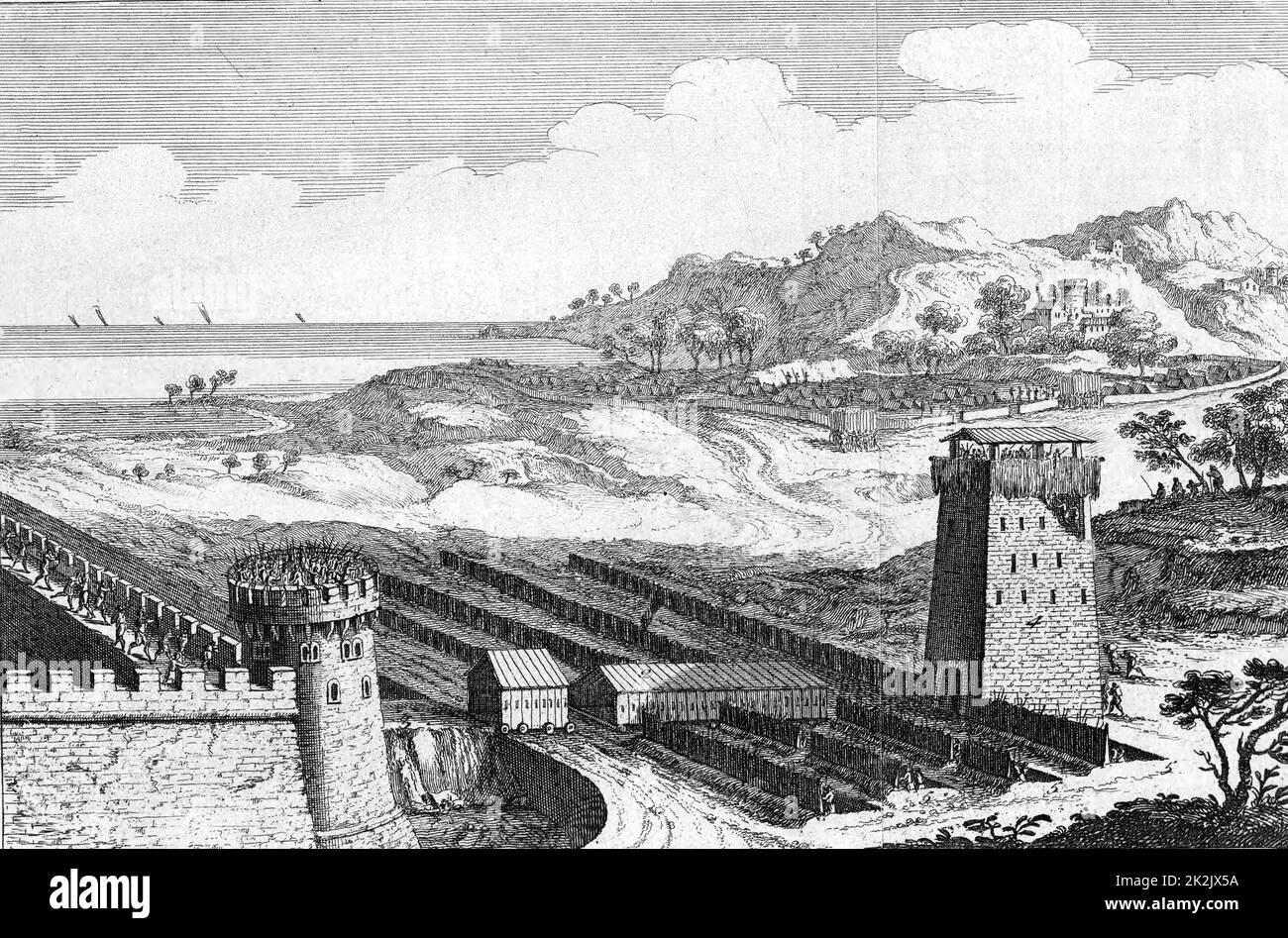 Rekonstruktion der Belagerung von Marseille durch Julius Caesar (Massilia, 49 v. Chr.), die den Musculus oder den überdachten Weg zeigt, um Ingenieure zu schützen, die sich den Mauern der belagerten Stadt nähern. Gravur aus dem 18.. Jahrhundert Stockfoto