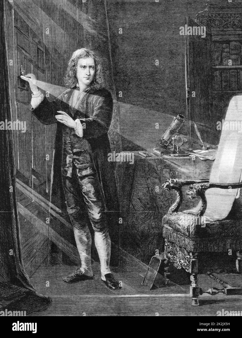 Isaac Newton (1642-1727) englischer Wissenschaftler und Mathematiker. „Newton Untersucht Licht“. Stich nach Bild von J A Houston veröffentlicht c1879 Stockfoto