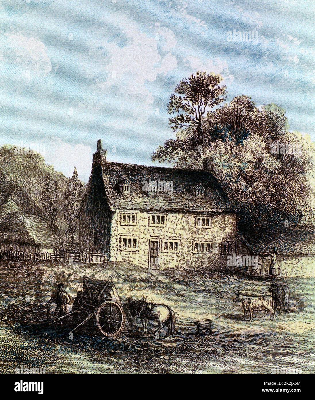 Isaac Newton (1642-1727) englischer Wissenschaftler und Mathematiker. Woolsthorpe Manor in der Nähe von Grantham, Lincolnshire, Newtons Geburtsort. Farbiger Stich 1859 Stockfoto