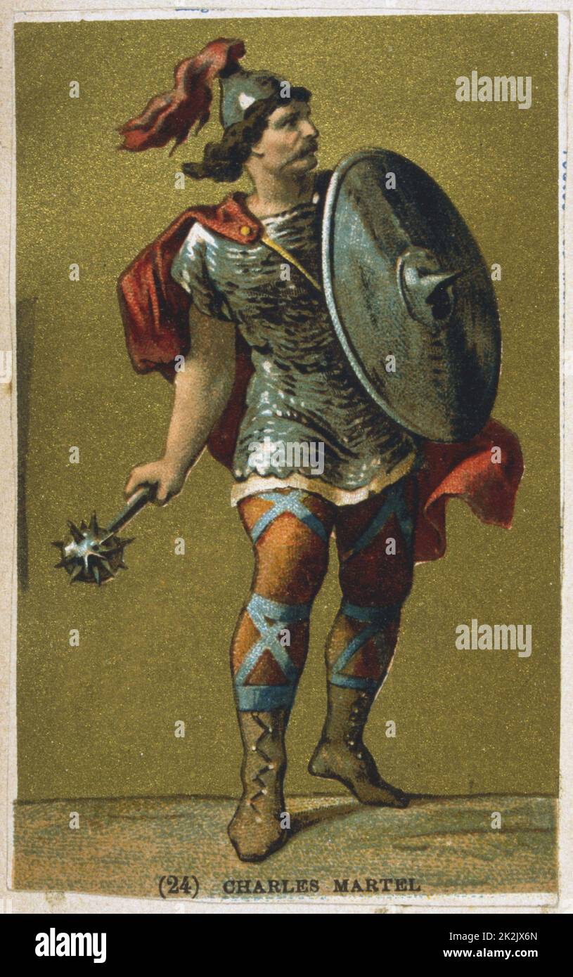 Charles Martel (c688-741) 'der Hammer'. Fränkischer König, Großvater Karls des Großen. Besiegte Mauren bei der Schlacht von Tours, nahe Poitiers 732. Chromolithograph aus dem 19.. Jahrhundert Stockfoto