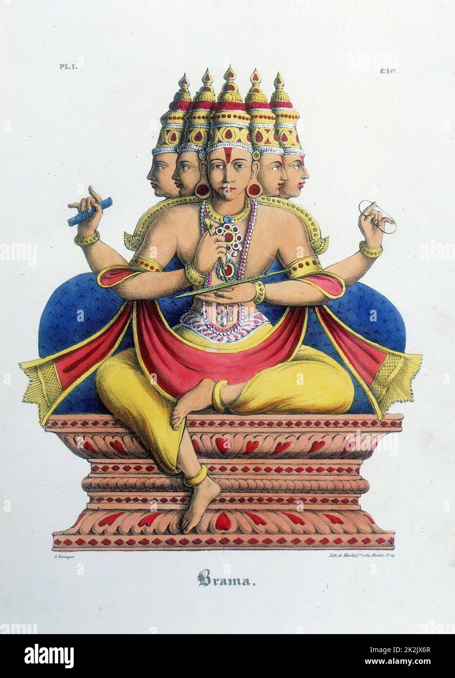BRAHMA, erster gott der Hindu-trinität (trimurti), Schöpfer des Universums. Lithographie von L'Inde Francaise, 1828 Stockfoto
