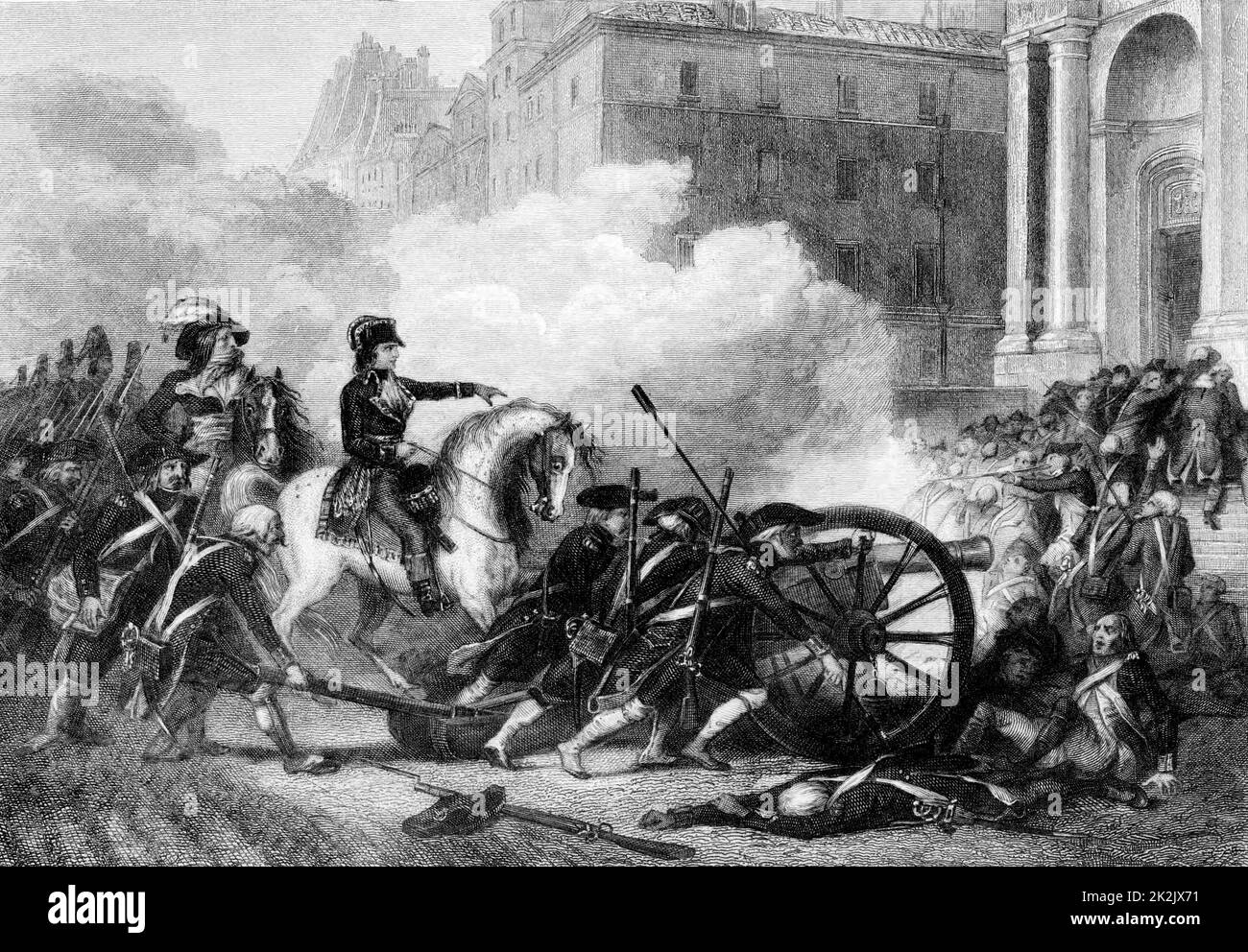 Französische Revolution 13. Vendemiaire 1765 (5. Oktober). Der junge republikanische Offizier Napoleon Bonaparte befiehlt, auf die Konterrevolutionäre in Paris zu schießen. Auf den Stufen von Eglise Saint-Roch werden 300 Tote sterben. Gravur Stockfoto