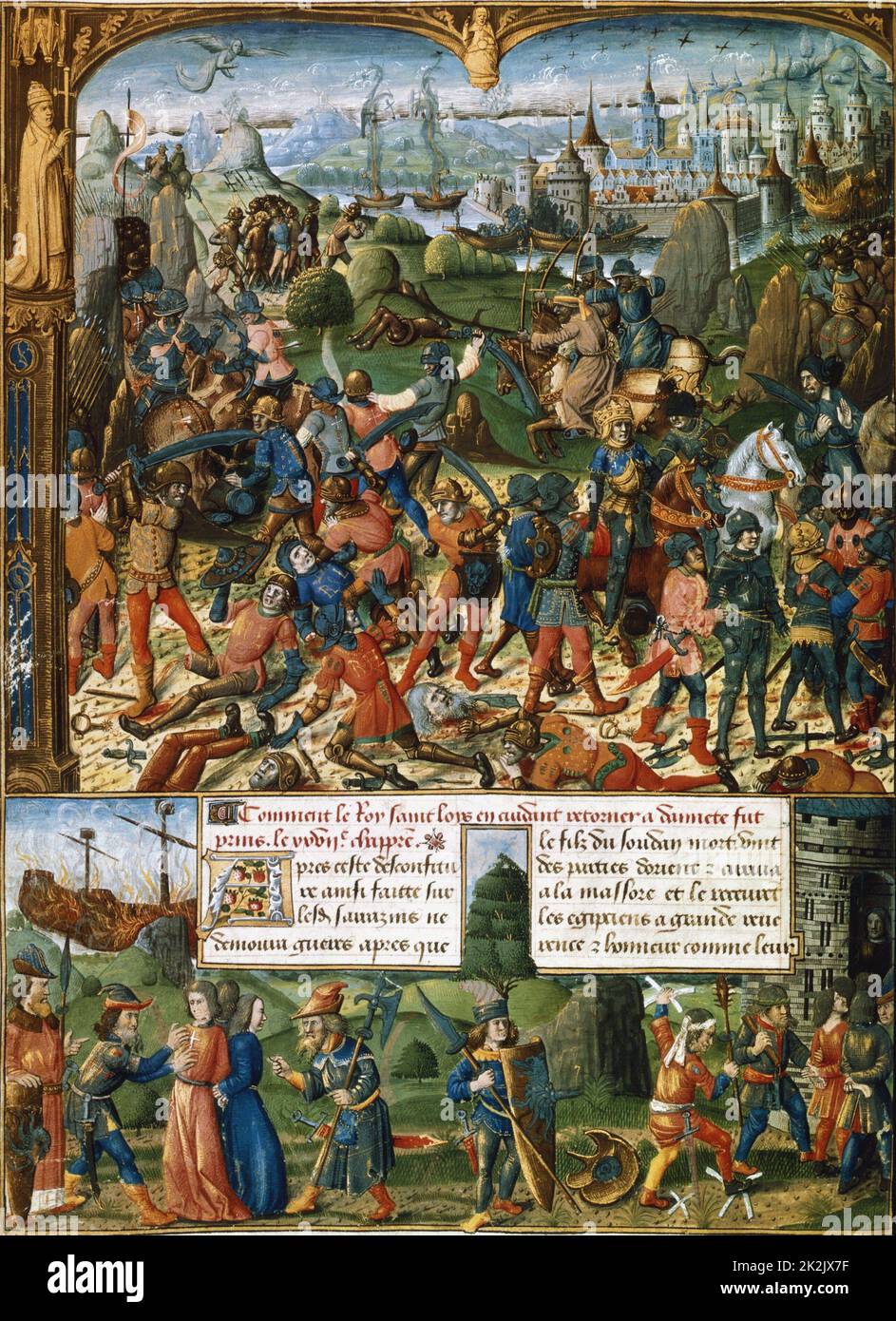 St. Louis (Louis IX von Frankreich 1215-70) und Kreuzritter nach der Niederlage in Mansoura, Rückzug in Richtung Damietta. Viele Gefangene, die von Sarazenen, einschließlich Louis, gefangen genommen wurden. Aus dem Manuskript „das Buch St. Louis“ Stockfoto