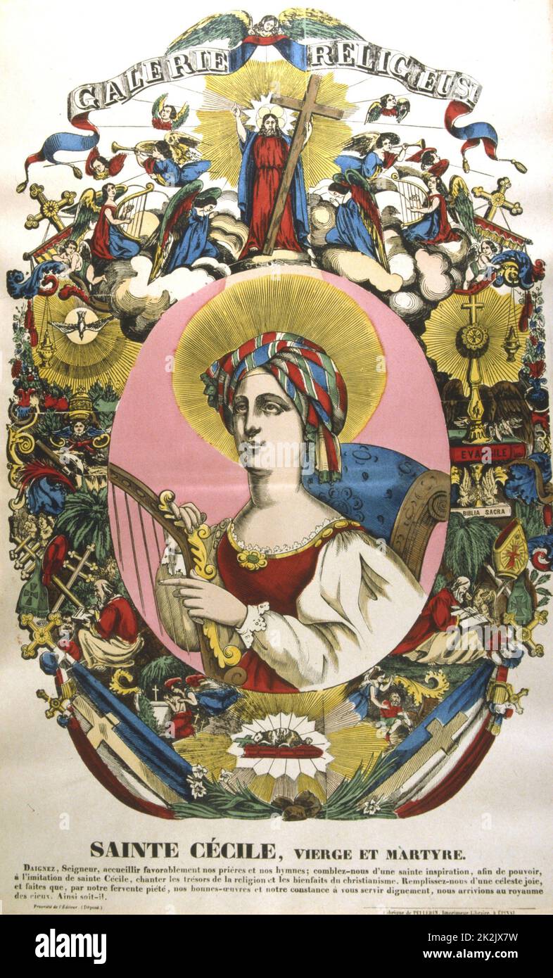St. Cecilia (Cecile) d.c.180 n. Chr. (?). Schutzpatron der Musik. Französischer Holzschnitt aus dem 19.. Jahrhundert. Stockfoto