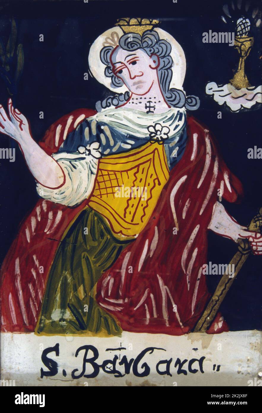 St. Barbara. Christliche Jungfrau Märtyrerin. Ihr Symbol eines Turms, oben rechts. Anonymes Gemälde aus dem 19.. Jahrhundert. Stockfoto