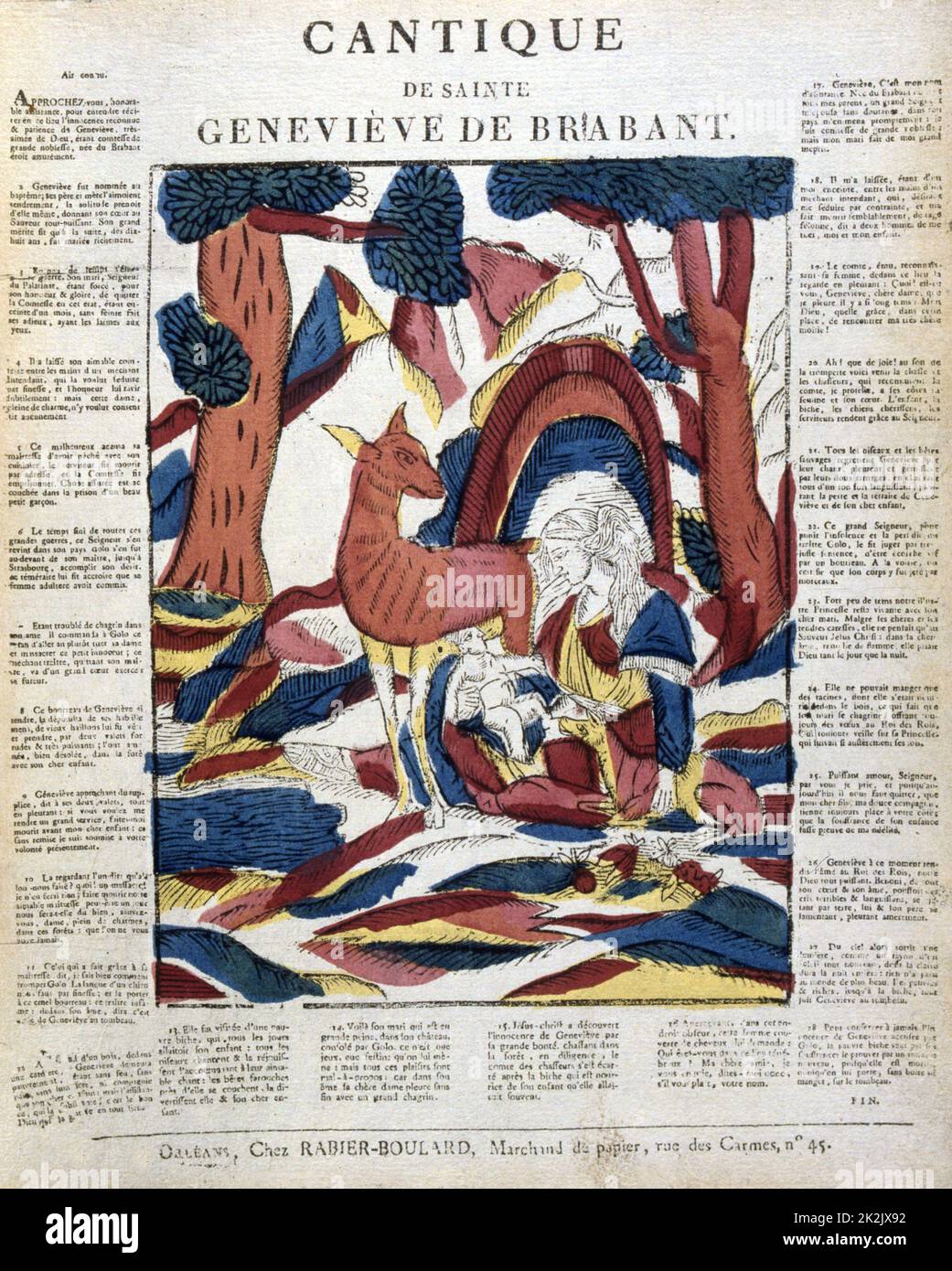 St. Genevieve von Brabant, 8. Jahrhundert. Ehefrau des pfälzischen Siegfried. Beschuldigt Ehebruch, im Wald ausgesetzt. 5 Jahre später vom Ehemann anerkannt Jagd und Unschuld anerkannt. Holzschnitt aus dem 19.. Jahrhundert in französischer Farbe Stockfoto