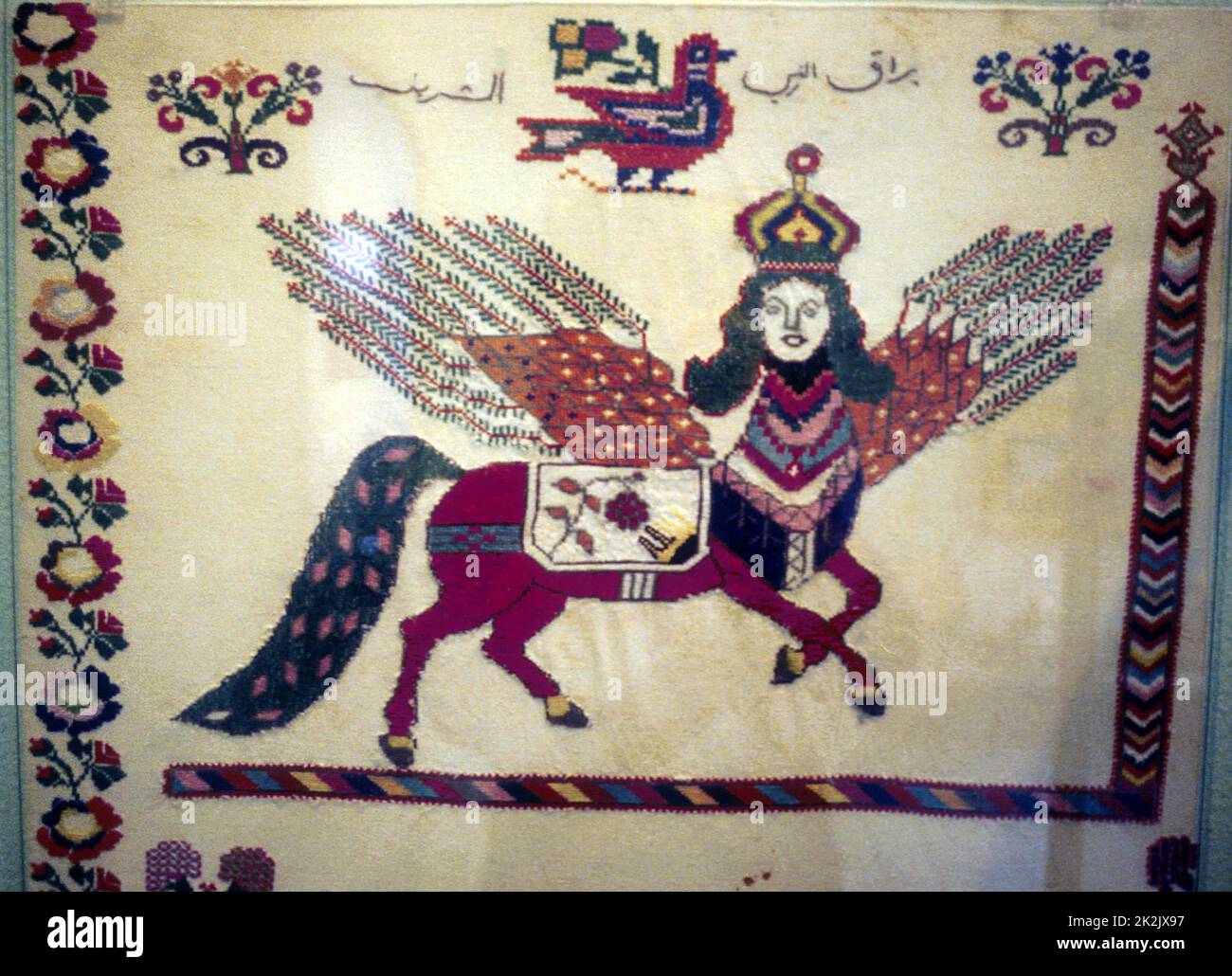 Al-Buraq, das geflügelte Pferd, das Mohammed auf seinem Nachtflug nach Jerusalem trug, um Moses und Jesus zu treffen und zu beten. Wandteppich. 1753 Stockfoto