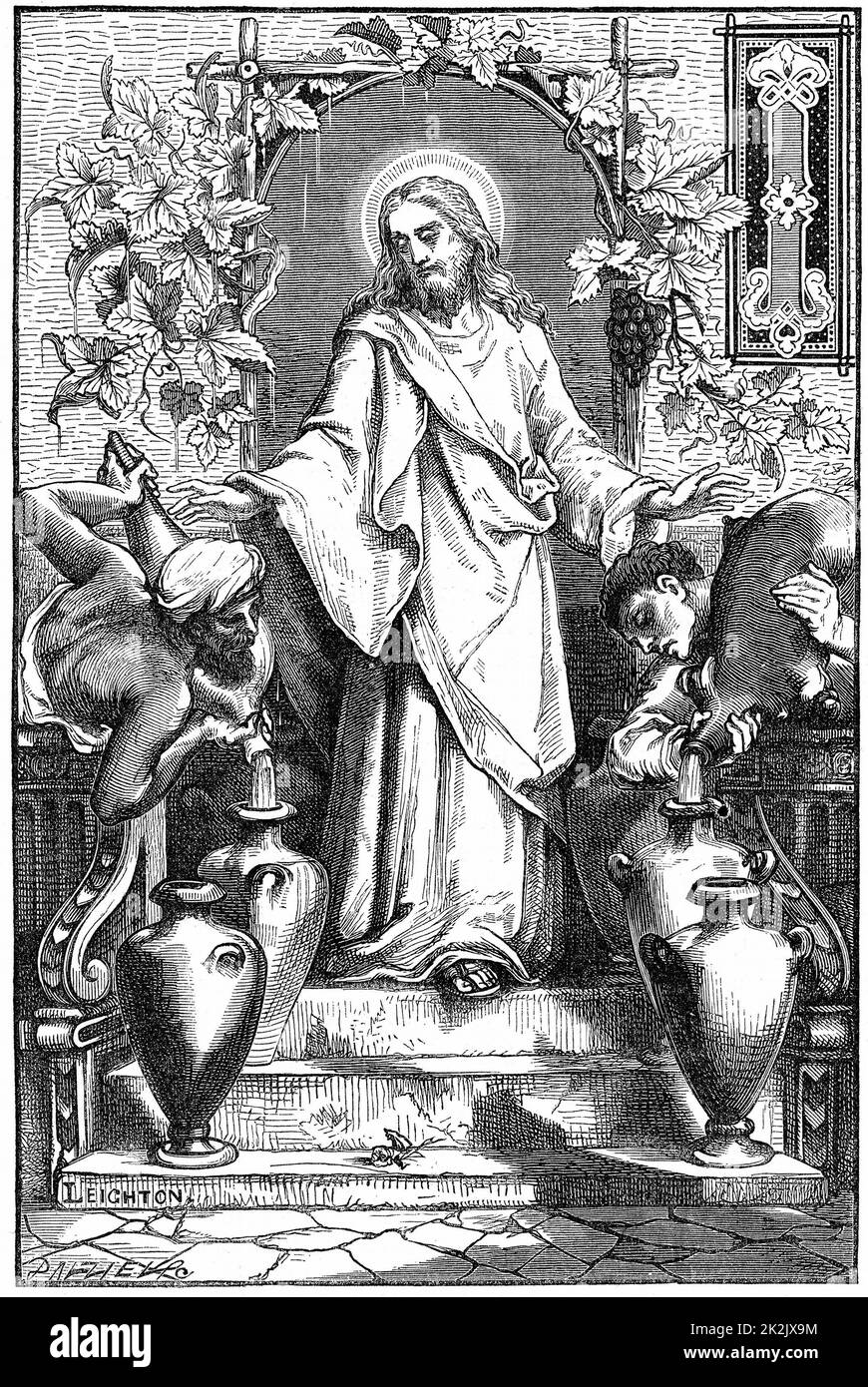 Die Hochzeit in Kanaan. Jesus verwandelte Wasser in Wein. Illustration von Frederick, Lord Leighton. Holzstich von 1870 Stockfoto