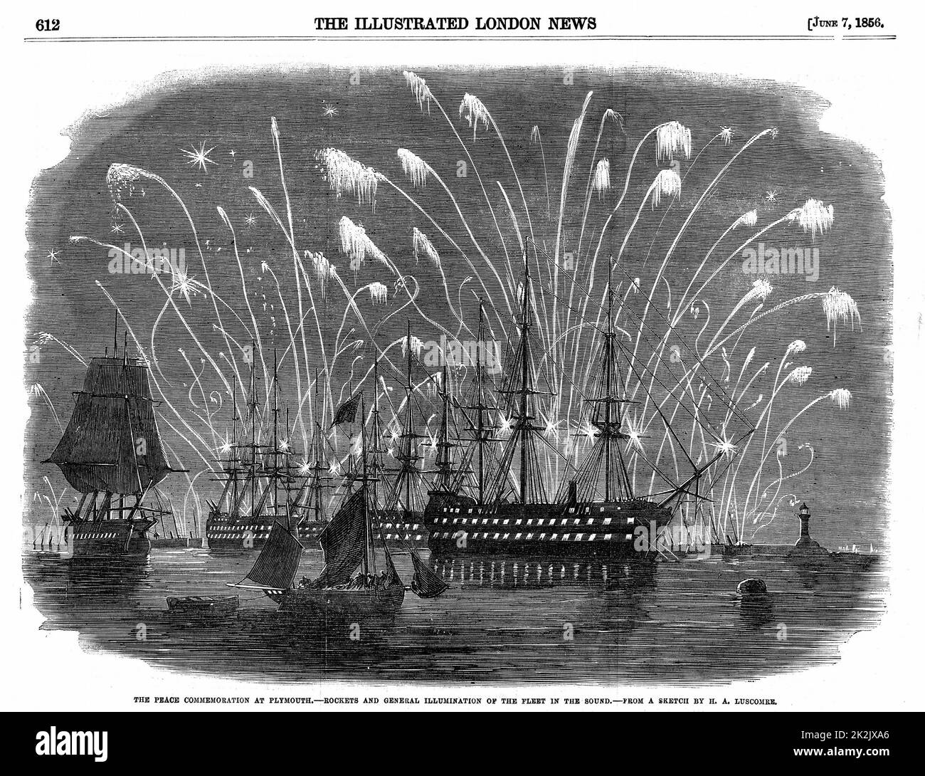 Russisch-türkischer (Krim-)KRIEG 1853-6. friedensfeiern in Plymouth, England. Raketen und allgemeine Beleuchtung der Flotte in Plymouth klingen. Aus „The Illustrated London News“, 1. Juni 1856 Stockfoto