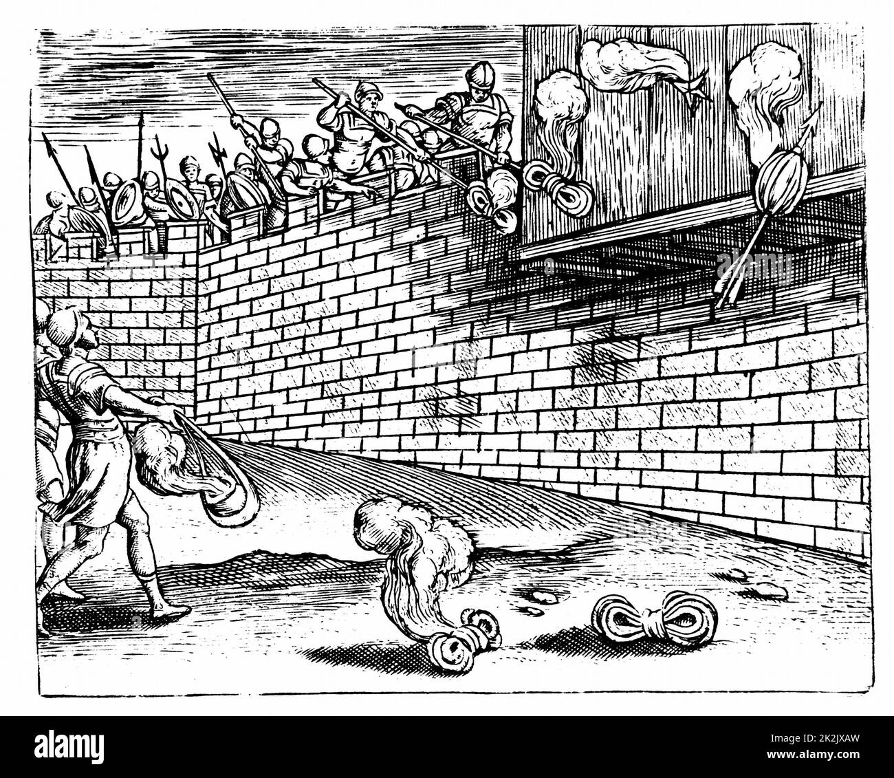 Römische Soldaten liefern griechische Feuer mit Pfeilen und Schlingen. Von Justus Lipsius 'Poliorceticon' Antwerpen 1605. Kupferstich Stockfoto