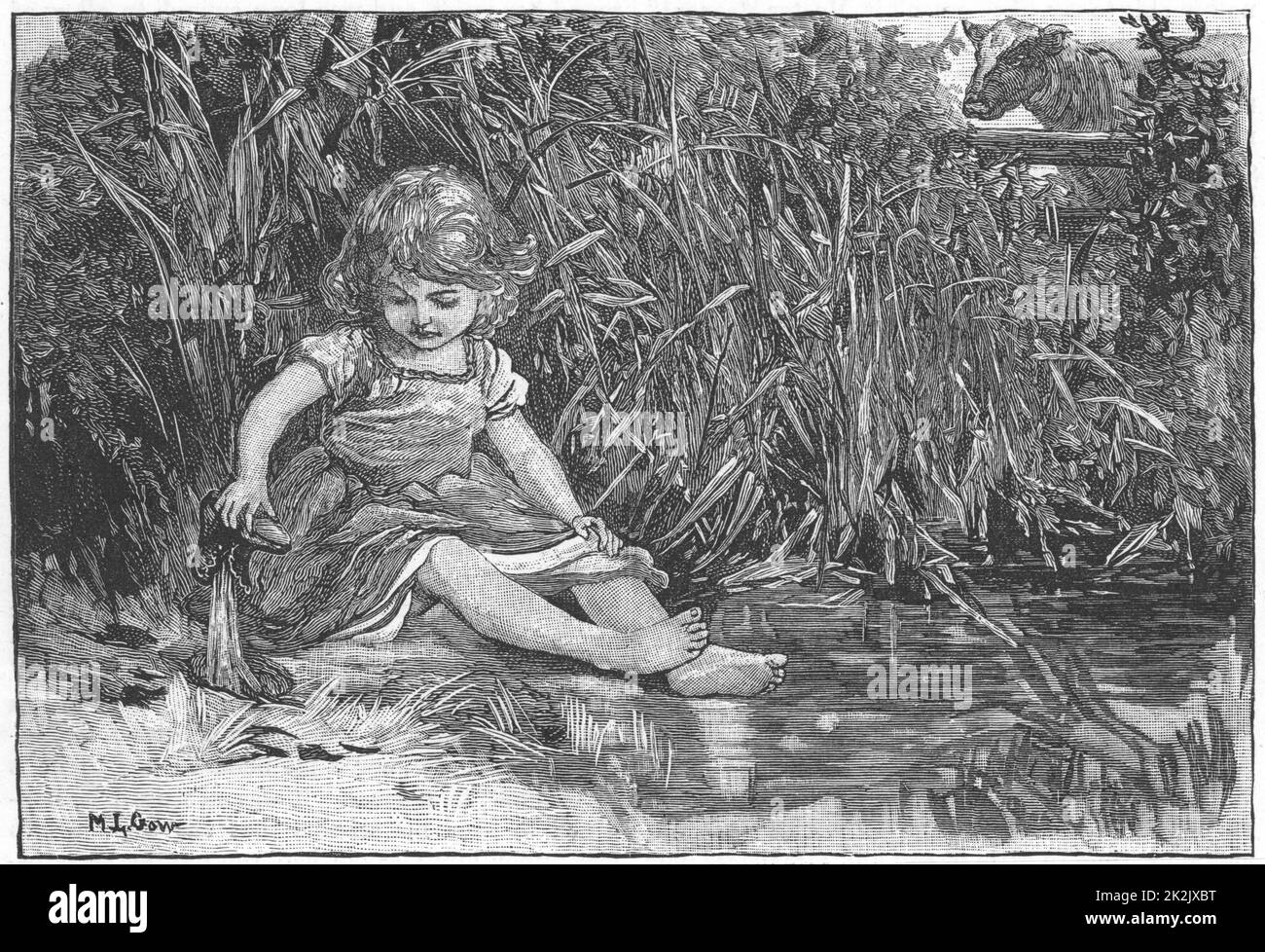 „Silas Marner“ von George Eliot, 1861. Eppie, mit drei Jahren, ist aus dem Haus geschlüpft, während Silas Marner beschäftigt war, und amüsiert sich am Teich. Illustration von Mary L. Gow (1851-1929) veröffentlicht 1882. Stockfoto
