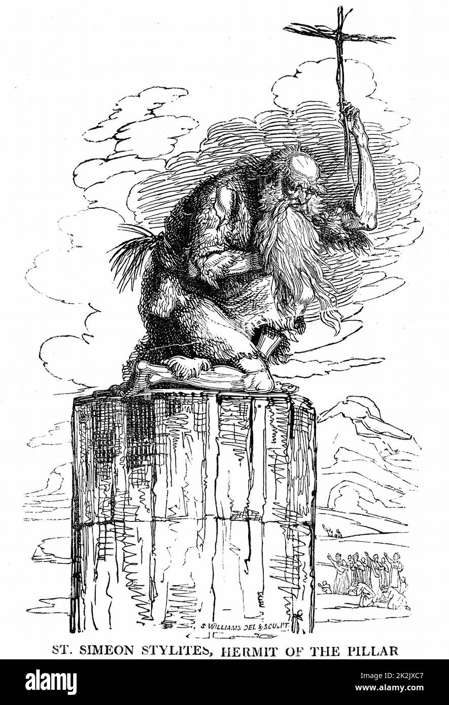 St. Simeon (Simon) Stylites (387-459) Eremit der Säule. Syrischer Pfeiler-heiliger. 7 Jahre selbstauferlegte Einsamkeit im syrischen Kloster, dann verbrachte er 30 Jahre auf einer 72ft-Säulen-Säule und predigte den Massen. Holzschnitt veröffentlicht London 1825 Stockfoto