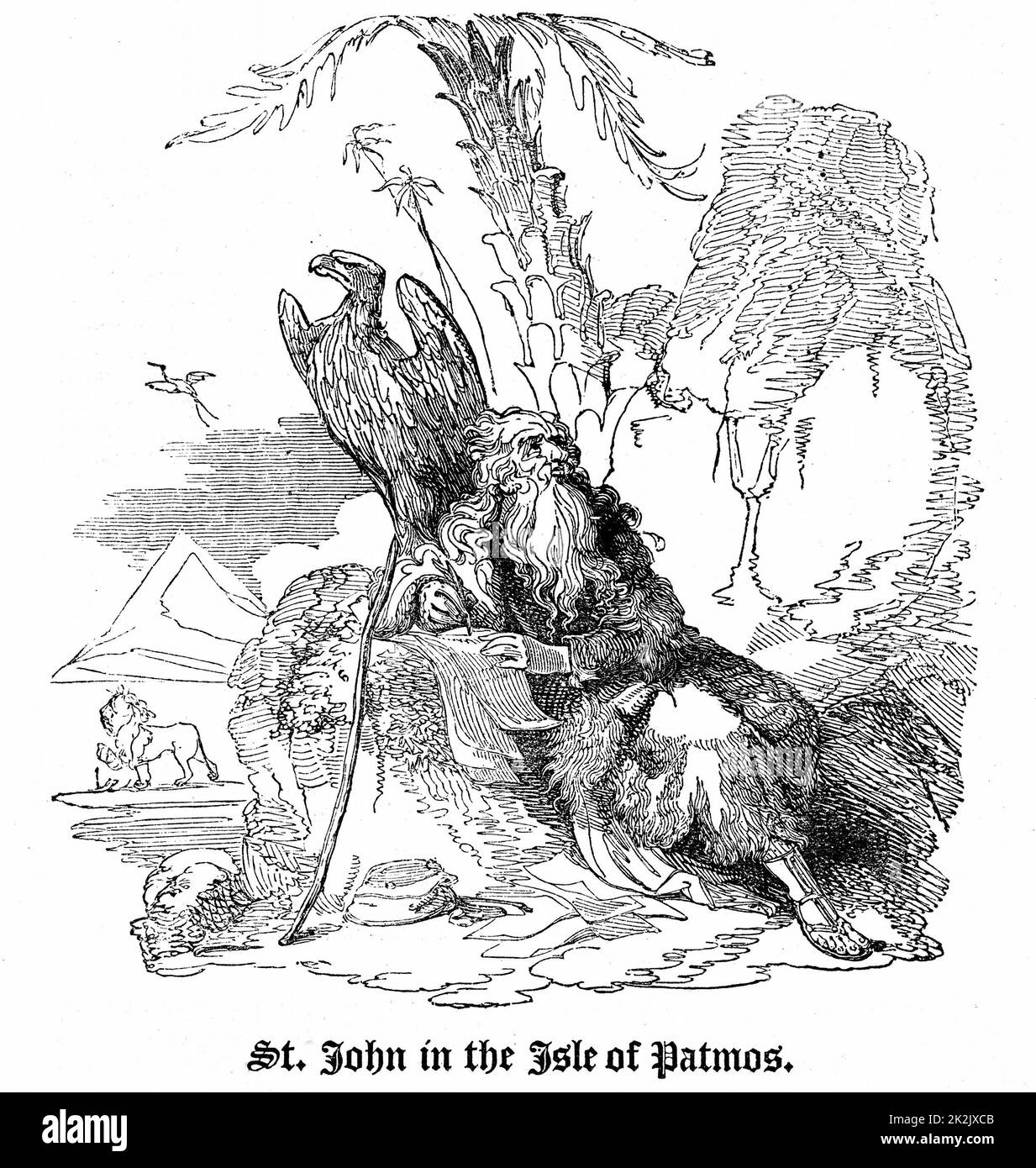 Der Apostel Johannes (Evangelist) im Exil auf der Insel Patmos, der als Zauberer angeklagt wurde. Hinter ihm thront ein Adler, sein Symbol. Holzschnitt, London 1826 Stockfoto