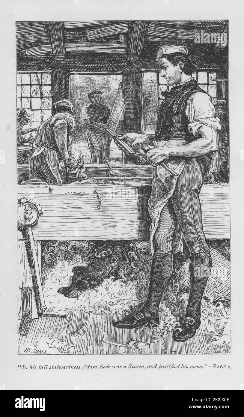 Adam Bede, der Dorfschreinerer, in der Werkstatt, sein Hund krümmelt auf einem Stapel von Hobelstämmen unter der Bank. 'Adam Bede' von George Eliot, Erstveröffentlichung 1859. Illustration von William Small (1843-1929) aus einer um 1885 erschienenen Ausgabe Stockfoto