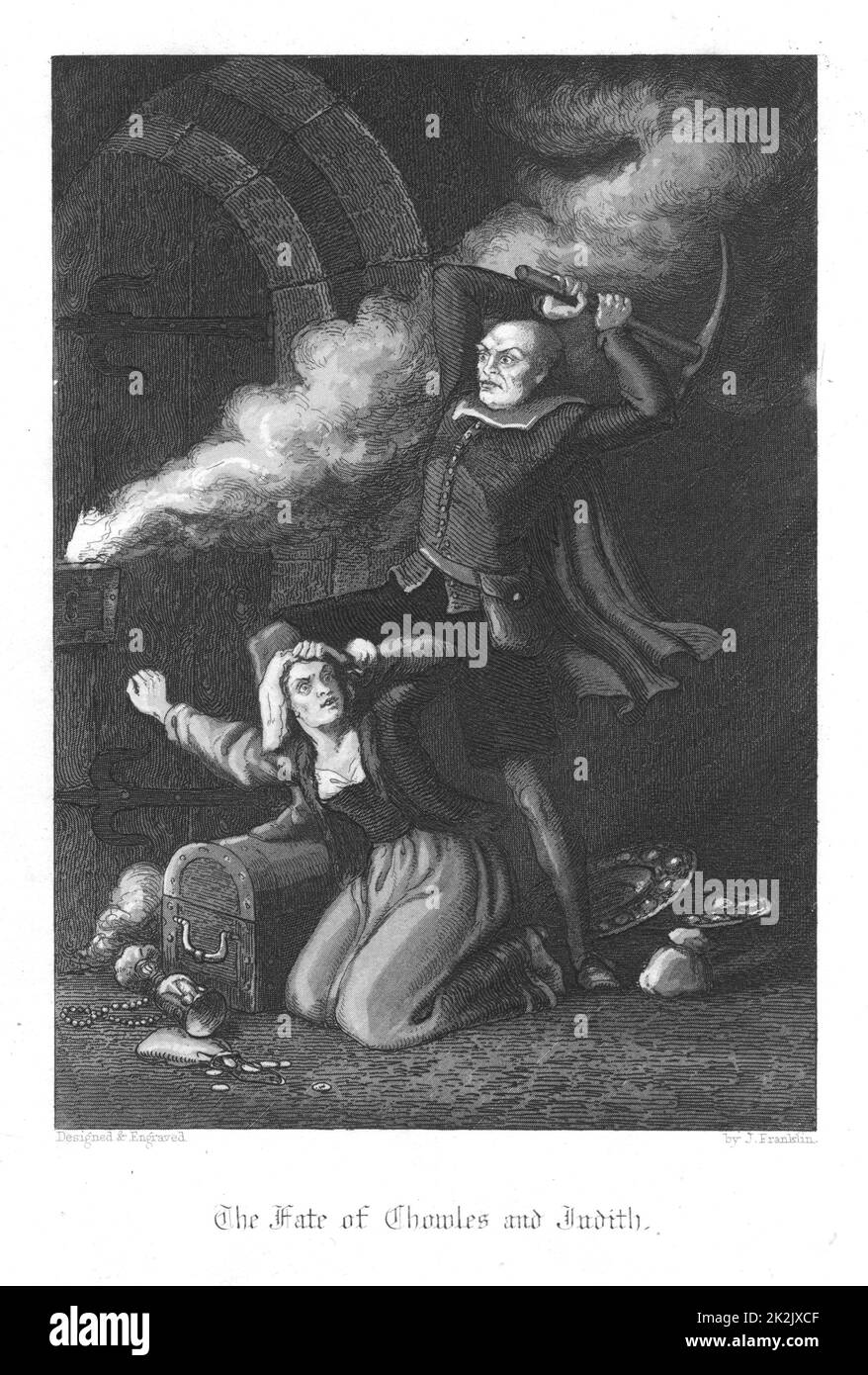 Chowles der Sargmacher und Judith Malmayns die Pestkrankenschwester, die mit ihrem gestohlenen Schatz sterben, als sie von Rauch und geschmolzenem Blei vom brennenden Alten Paulus überwältigt werden. Illustration von John Franklin (fl.1800-61) für William Harrison Ainsworth 'Old Saint Paul's', London 1855 (Erstveröffentlichung 1841). Gravur Stockfoto