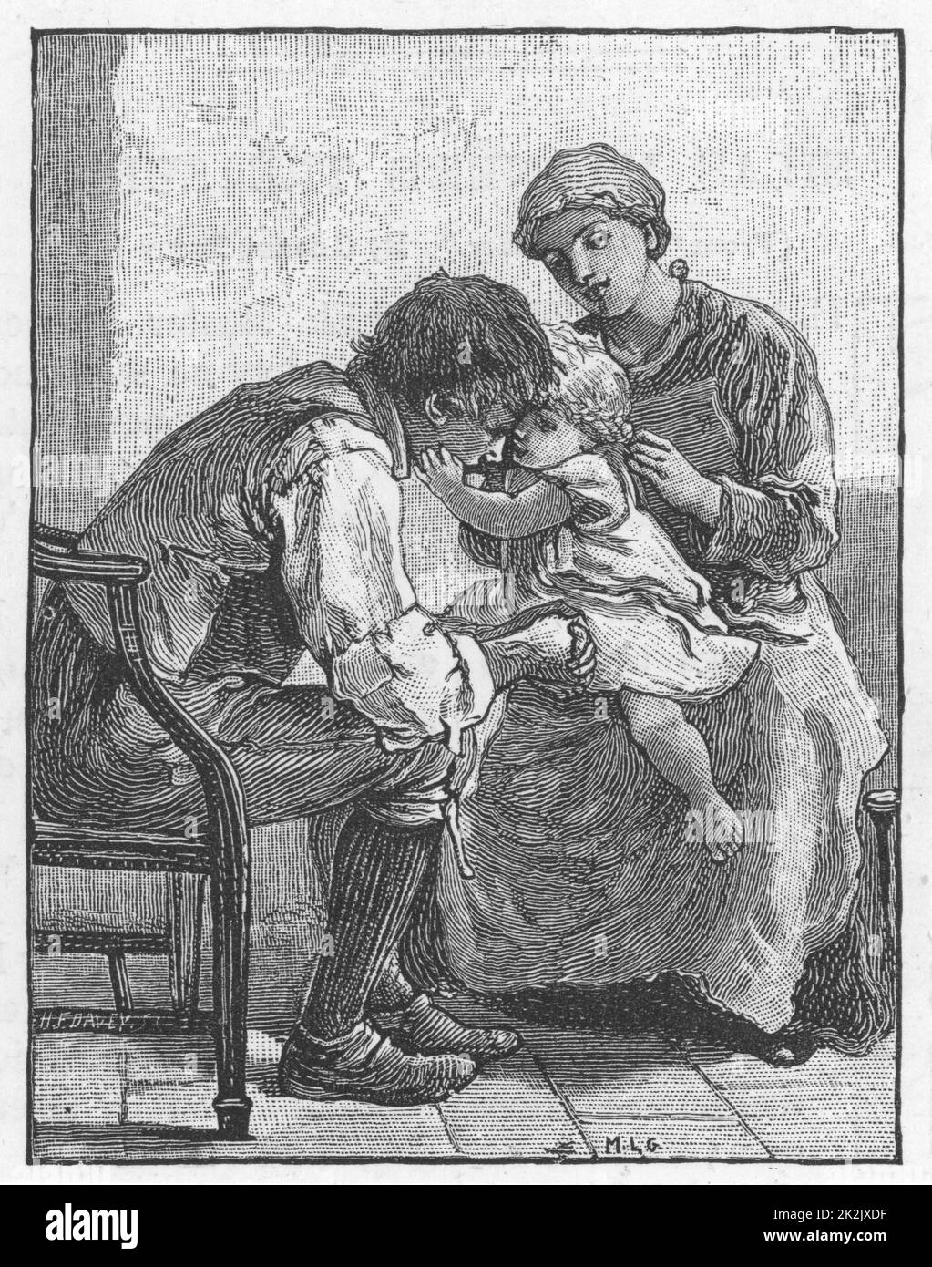 „Silas Marner“ von George Eliot, 1861. Eppie, die Waise, zeigt Silas Marner, die Weberin, wie sehr sie ihn mag. Illustration von Mary L. Gow (1851-1929) veröffentlicht 1882. Stockfoto
