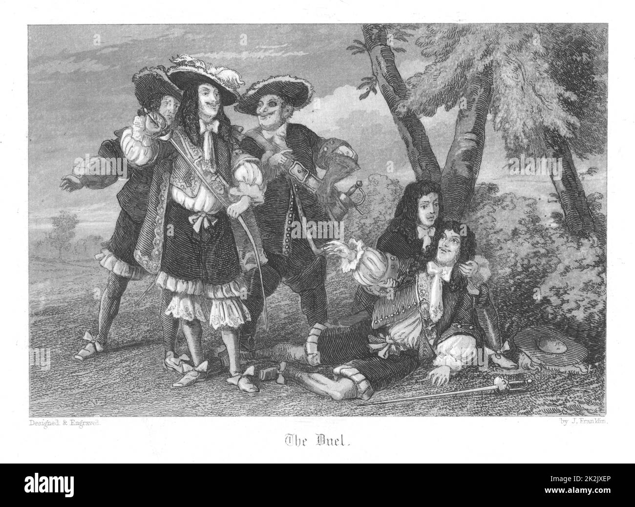 Das Duell: Hauptmann Disbrowe stirbt beim Versuch, die Ehre seiner Frau vor dem heiligen Paul Parravicin zu verteidigen. Illustration von John Franklin (fl.1800-61) für William Harrison Ainsworth 'Old Saint Paul's', London 1855 (Erstveröffentlichung 1841). Gravur Stockfoto