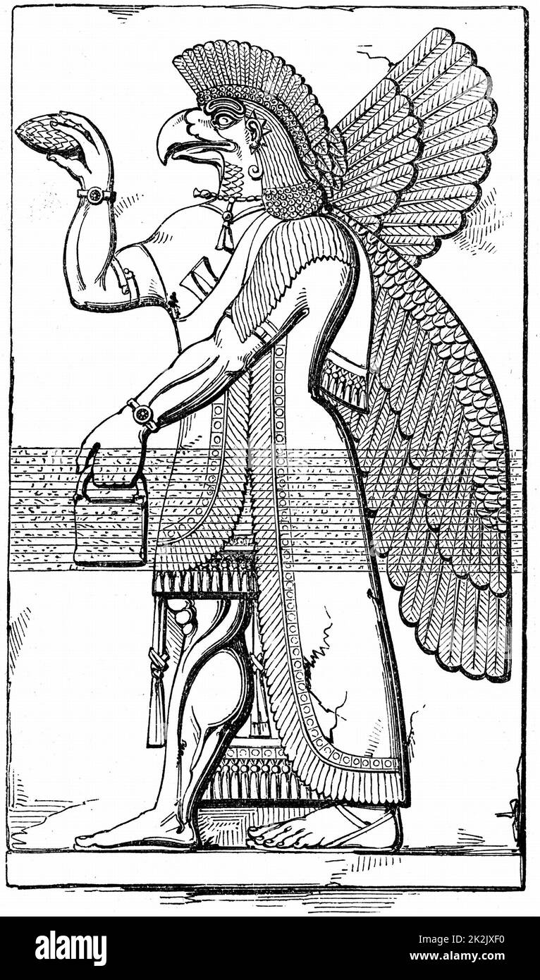 Der assyrische geflügelte gott Nisroch trägt den Pinienkegel, Symbol der Regeneration. Gravur nach Reliefgrabung bei Nimrod im 19.. Jahrhundert Stockfoto