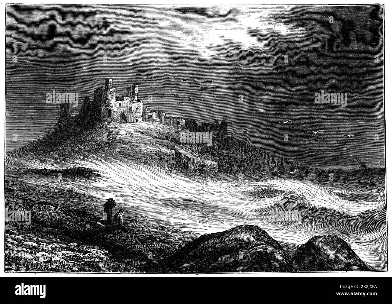Dunstanburgh Castle an der Küste von Northumberland, die Hände mehrmals während der Kriege der Rosen geändert zwischen dem Haus von York und Lancaster. 19. jahrhundert Gravur. Stockfoto