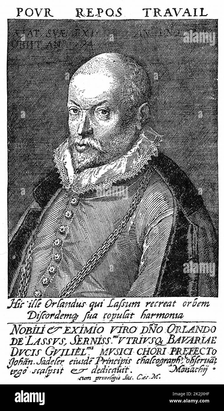 Orlando Lassus Orlando di Lasso c.1532-1594) Komponist und Musiker aus den Niederlanden. Tätig in Italien, England und Frankreich und produzierte sowohl heilige als auch weltliche Werke. 1570 von Maximillian II veredelt. Gravur Stockfoto