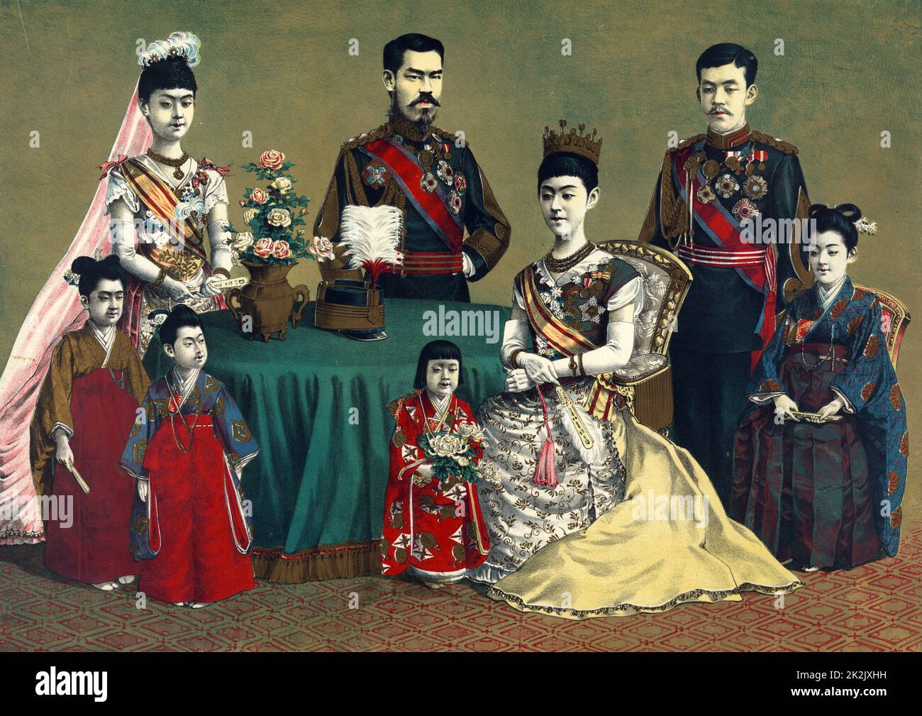 Holzschnitt-Abbildung zeigt ein Gruppenporträt von Meiji, Kaiser von Japan und der kaiserlichen Familie. Stockfoto