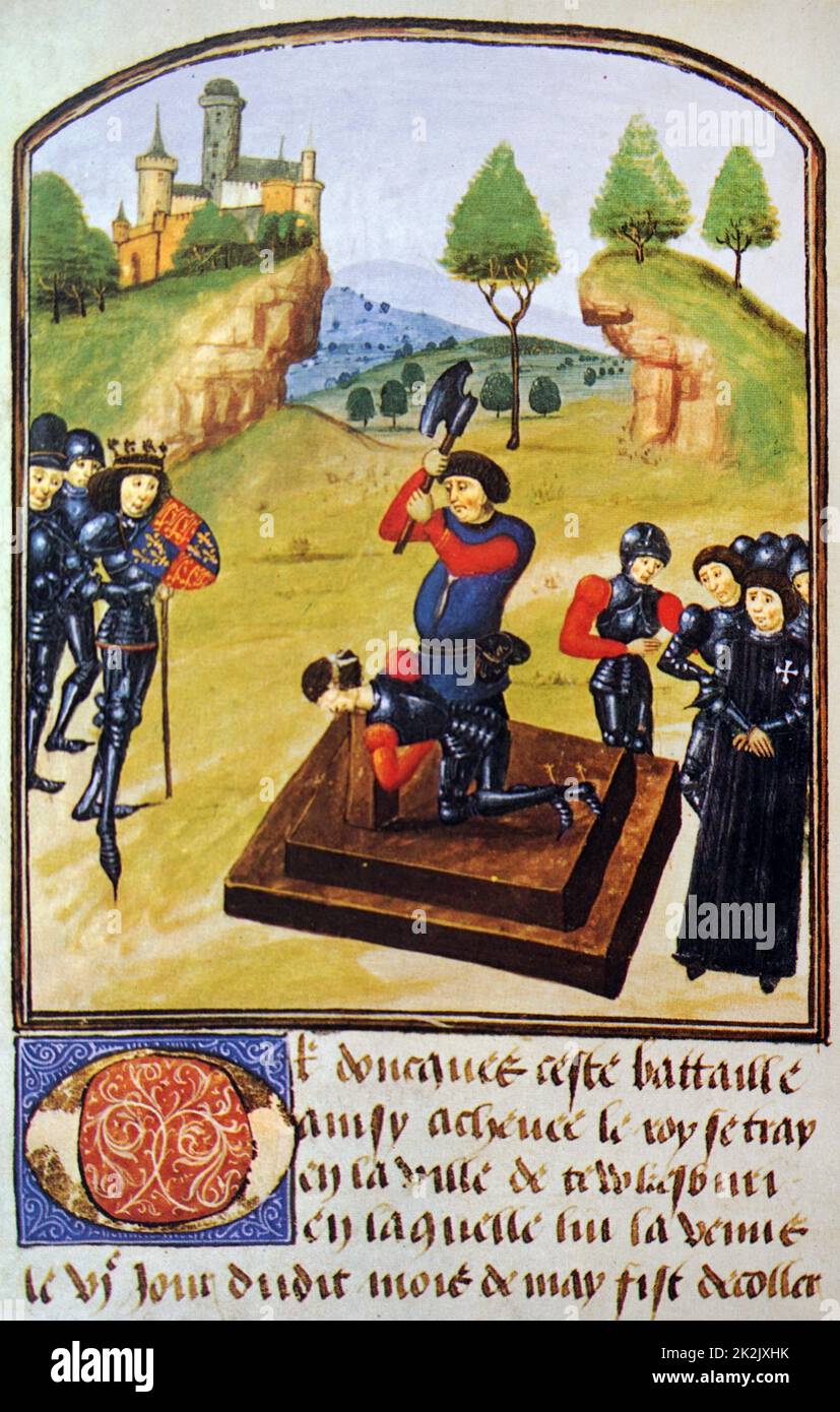 Miniatur, die Szenen aus der Schlacht von Tewkesbury, als König Edward IV besiegte die Lancastrian Kräfte von Margaret von Anjou. Vom 15. Jahrhundert Stockfoto