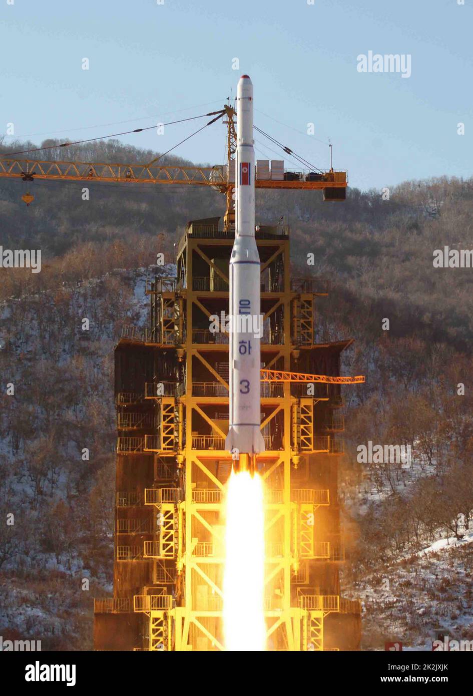 Foto von der Einführung der Unha-3 Trägerrakete. An Bord der Rakete war die "Kwangmyongsong-3, eine Nordkoreanische Erdbeobachtungssatelliten. Vom 2012 Stockfoto